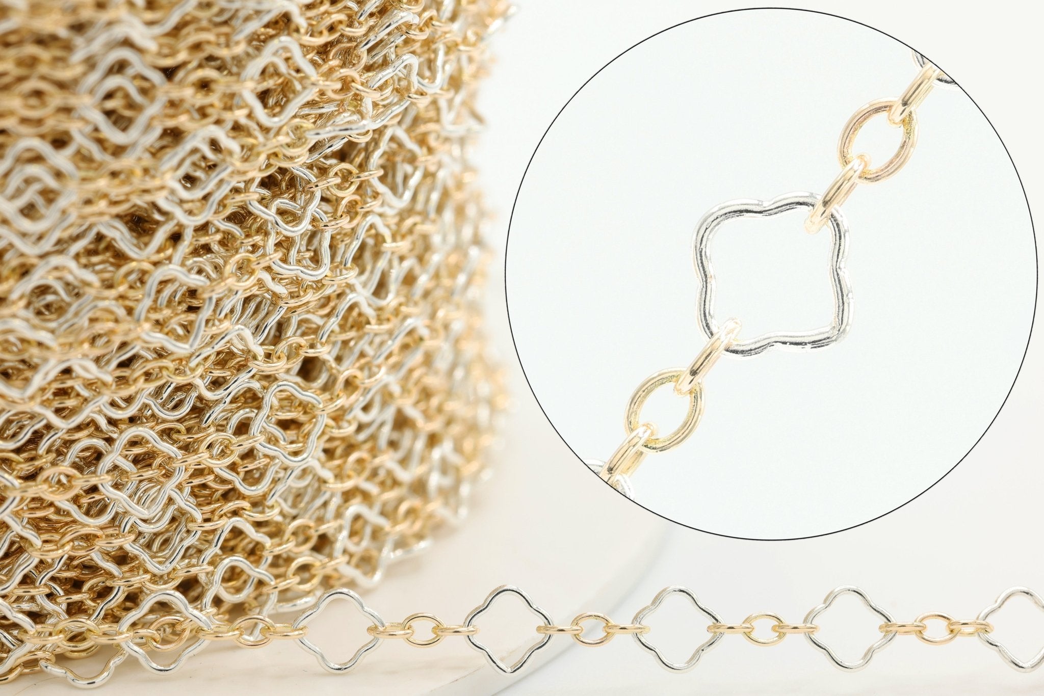 4mm Flower Long & Short Two Tone Chain, 14/20 Gold-Filled and 925 Sterling Silver, Wholesale, Pay Per Foot, Jewelry Making Chain - HarperCrown