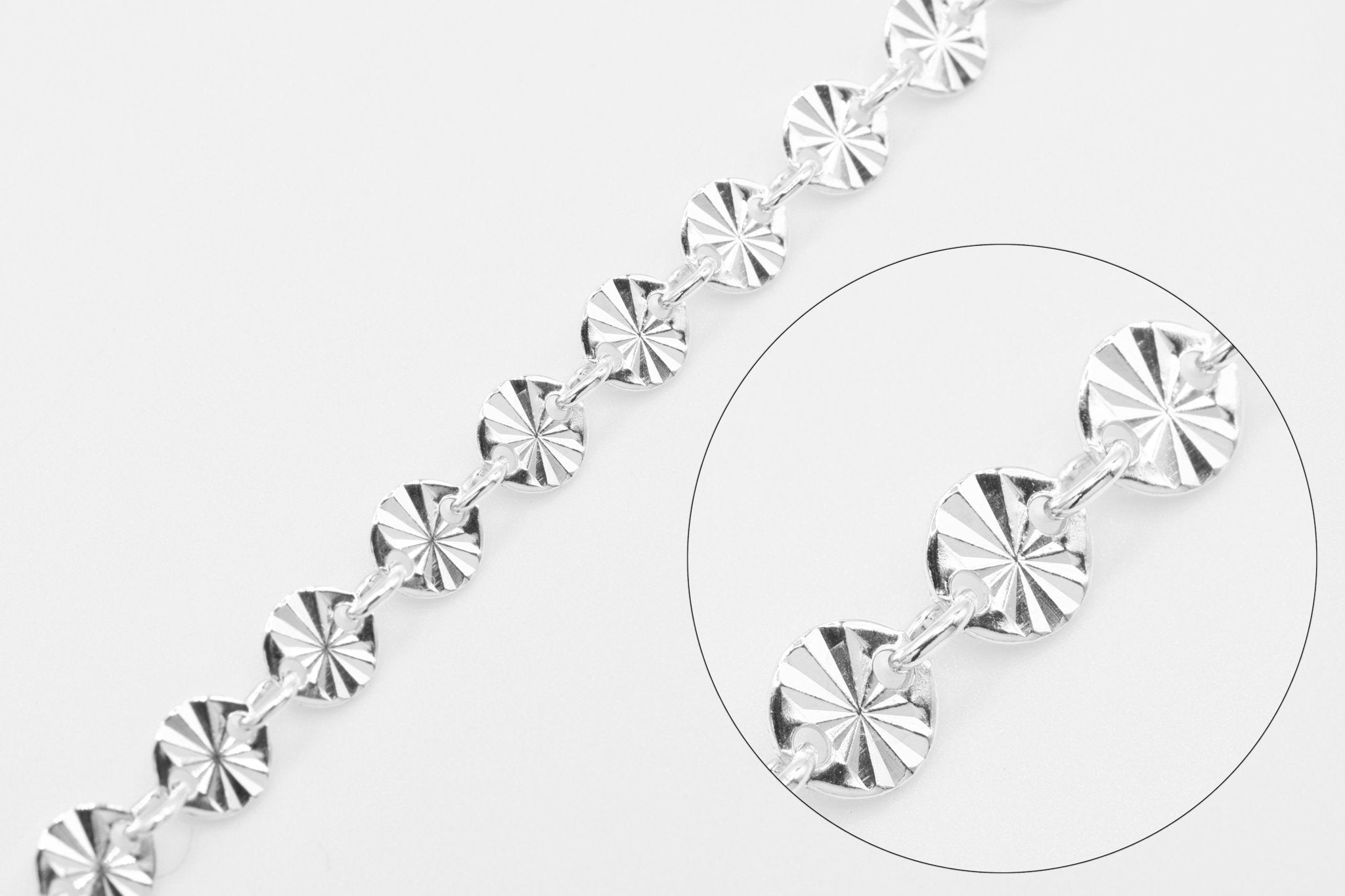 4mm Starburst Sequin Disc Chain, 925 Sterling Silver, Wholesale Bulk DIY Spool Pay Per Foot Jewelry Making Chain - HarperCrown