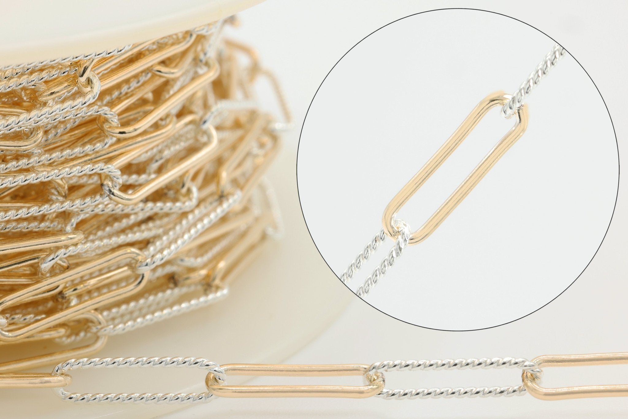 4mm x 13.5mm Elongated Knurled Cable Two Tone Chain, 14/20 Gold - Filled and 925 Sterling Silver, Wholesale, Pay Per Foot, Permanent Jewelry Making Chain - HarperCrown