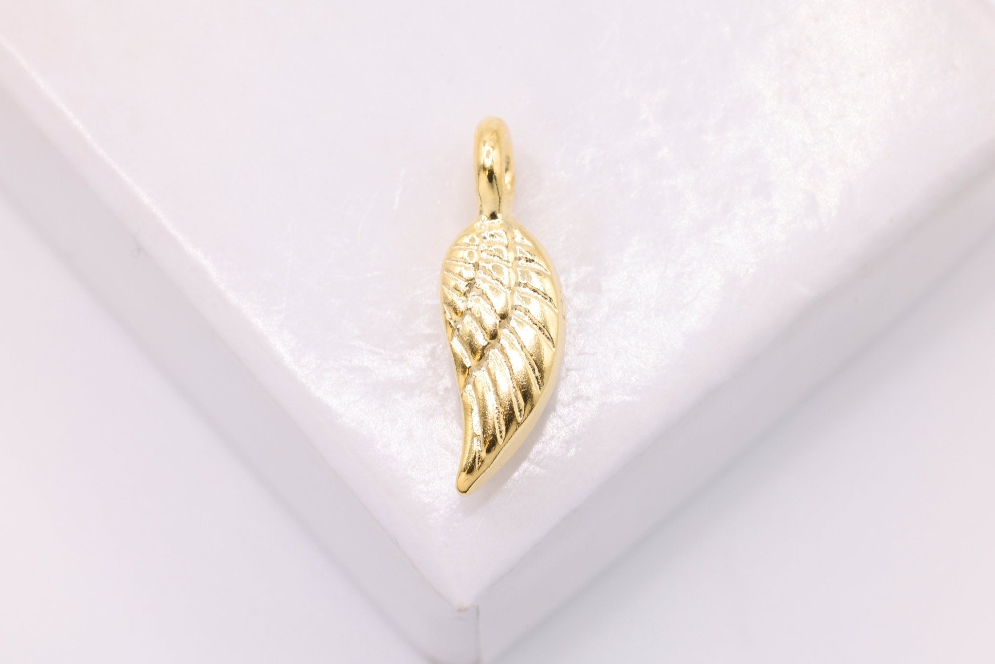 Angel Wing Charm, Wholesale, 14K Solid Gold, 16mm x 5mm, Tiny Feather Bird Wing - HarperCrown