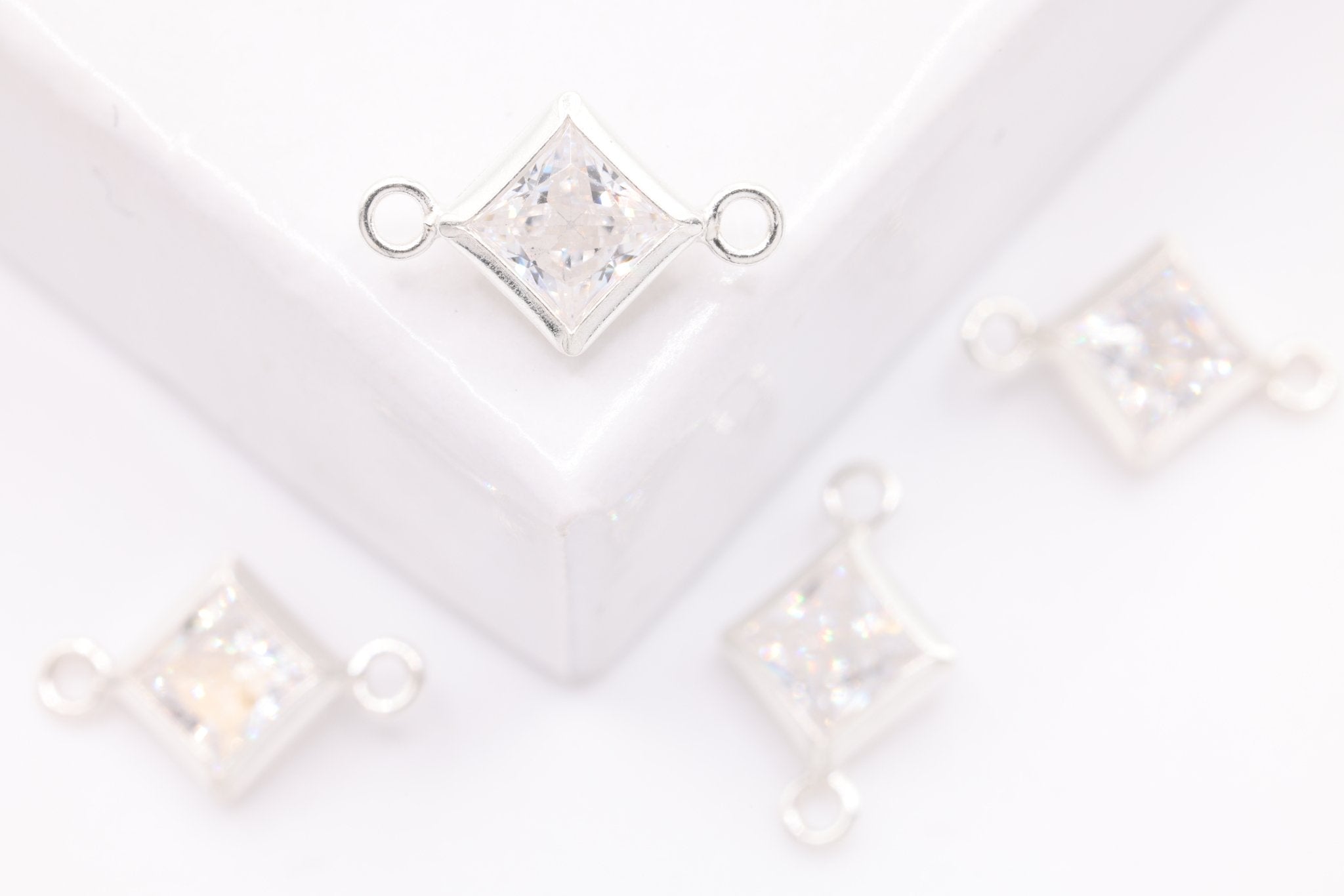April Birthstone Diamond CZ Connector Bezel Frame, Sterling Silver, 4mm - HarperCrown