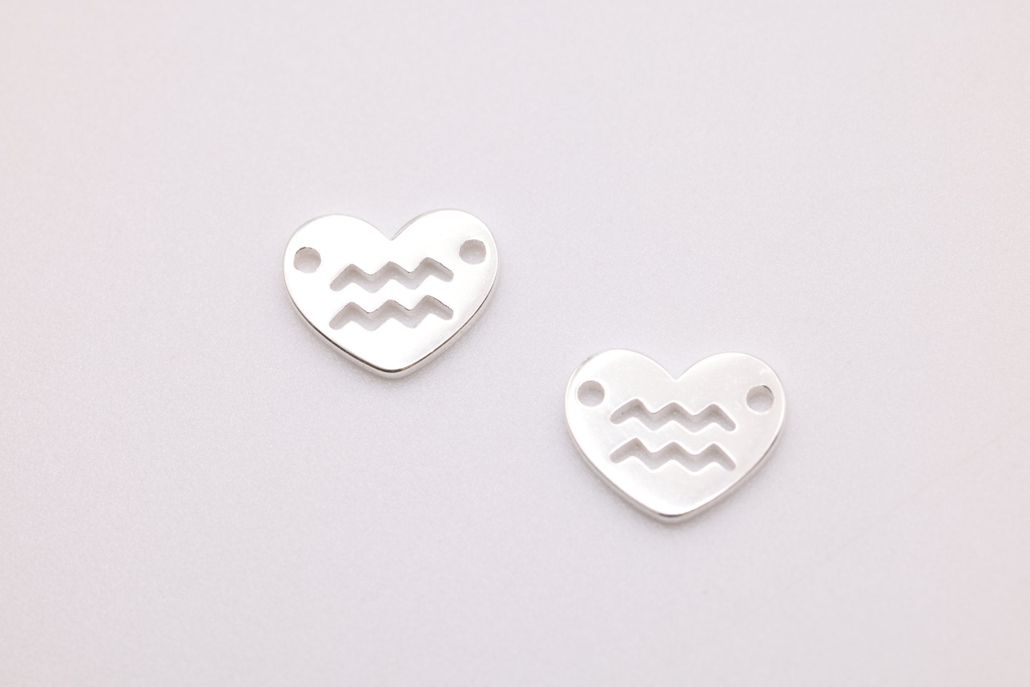 Aquarius Zodiac Heart Connector Charm, 925 Sterling Silver, 6mm x 6mm, Bulk Wholesale Jewelry Making Charm - HarperCrown