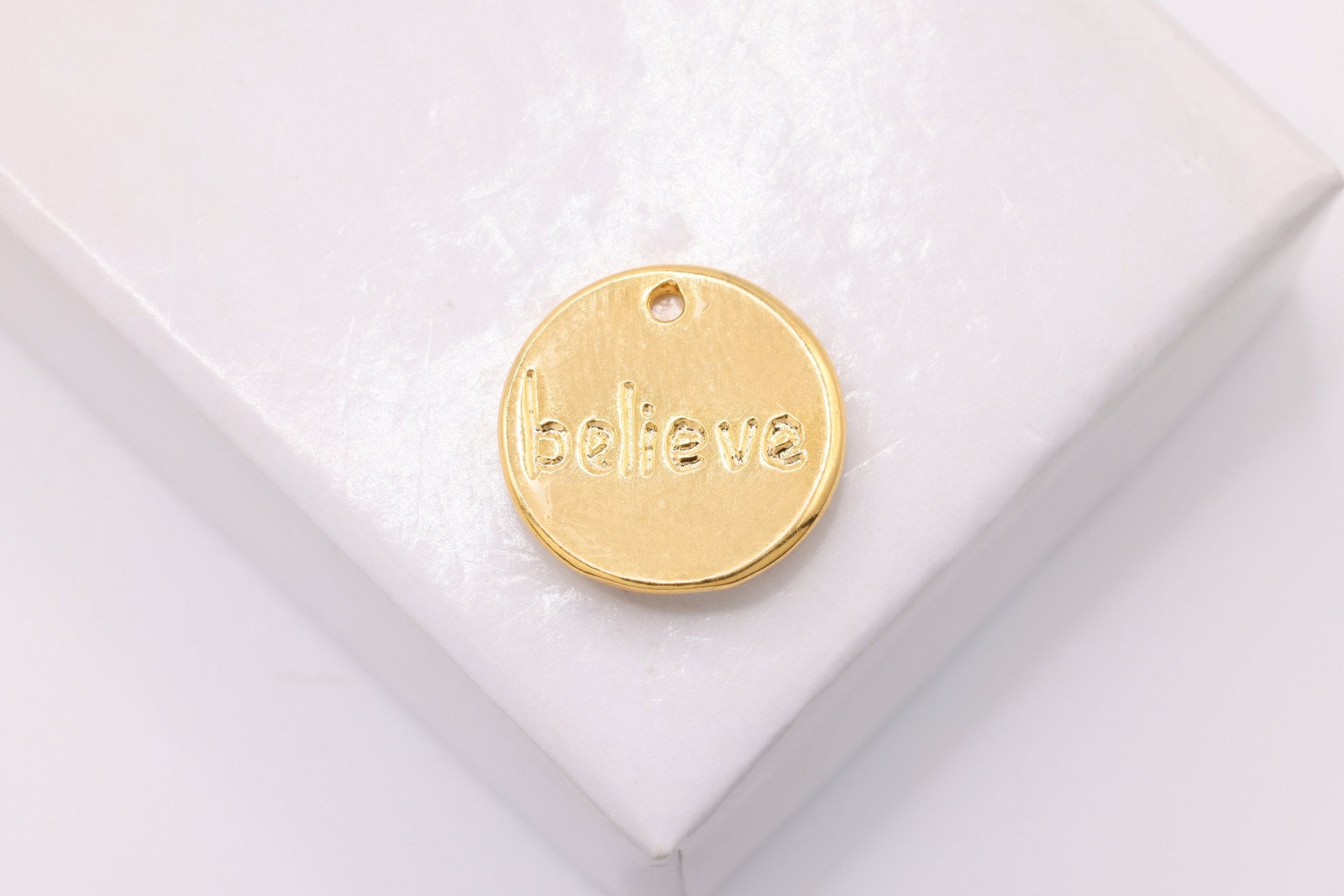 "Believe" Charm, Wholesale, 14K Solid Gold, 12mm - HarperCrown