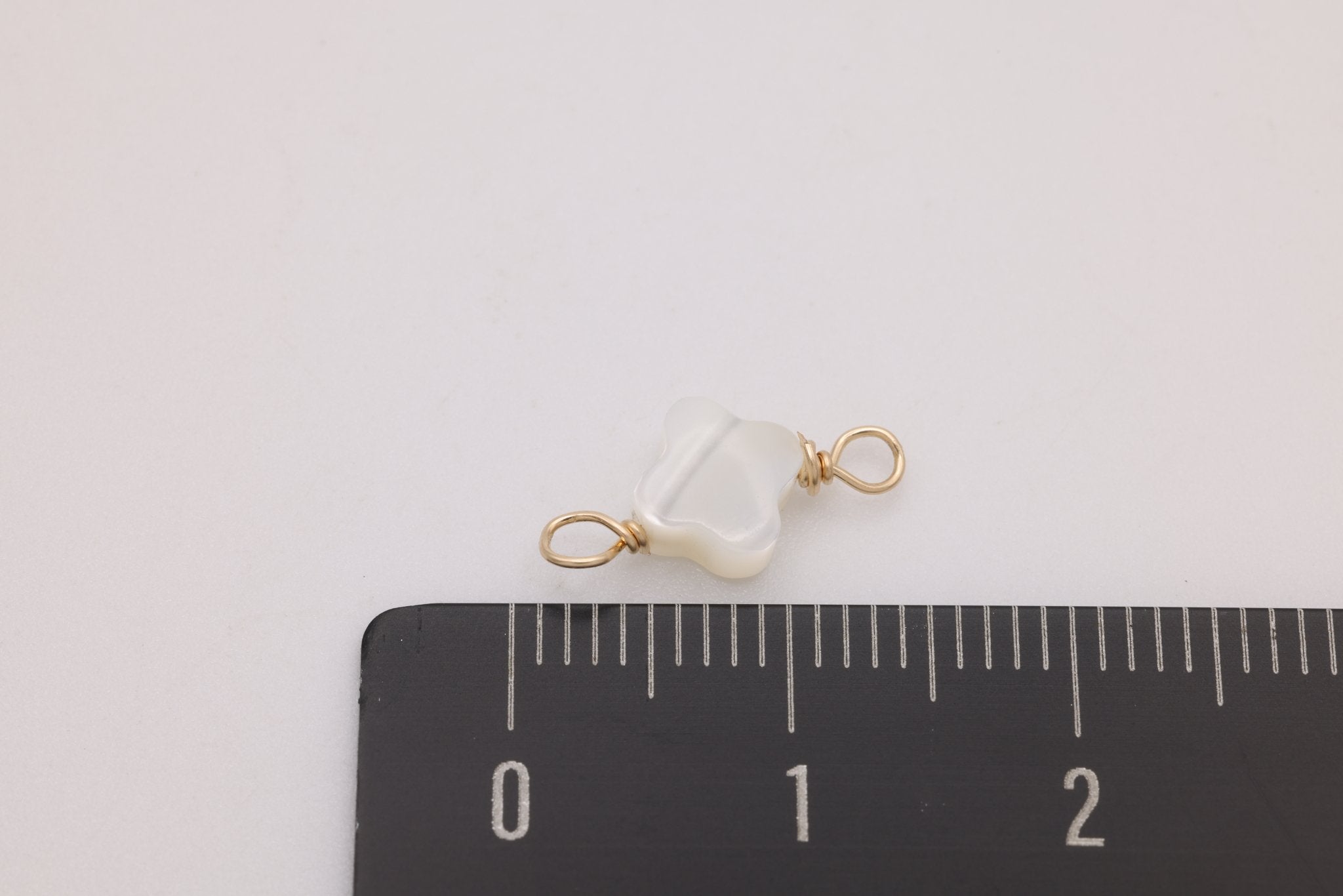 Clover Mother of Pearl Connector Charm, Gold - Filled, 14mm x 6mm, Wire Wrapped Pearl, Bulk DIY Wholesale Jewelry Making Charm - HarperCrown