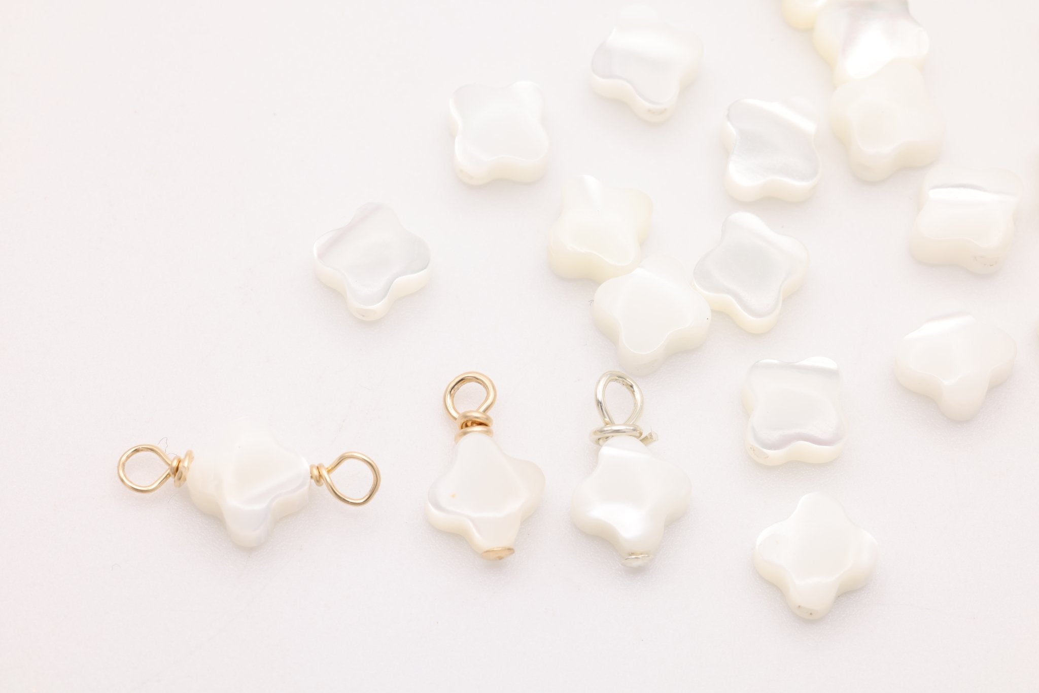 Clover Mother of Pearl Connector Charm, Gold - Filled, 14mm x 6mm, Wire Wrapped Pearl, Bulk DIY Wholesale Jewelry Making Charm - HarperCrown