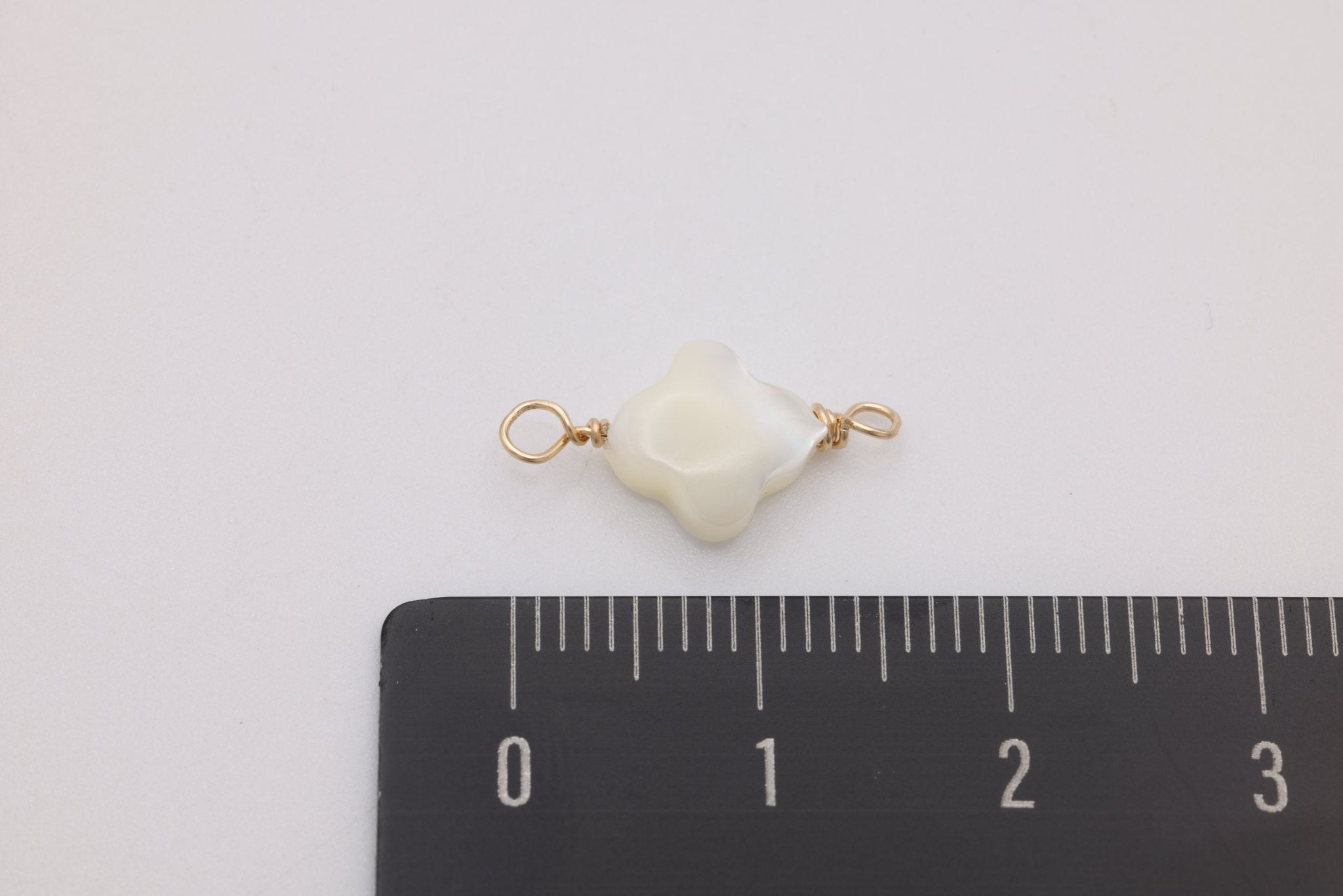 Clover Mother of Pearl Connector Charm, Gold - Filled, 16mm x 8mm, Wire Wrapped Pearl, Bulk DIY Wholesale Jewelry Making Charm - HarperCrown