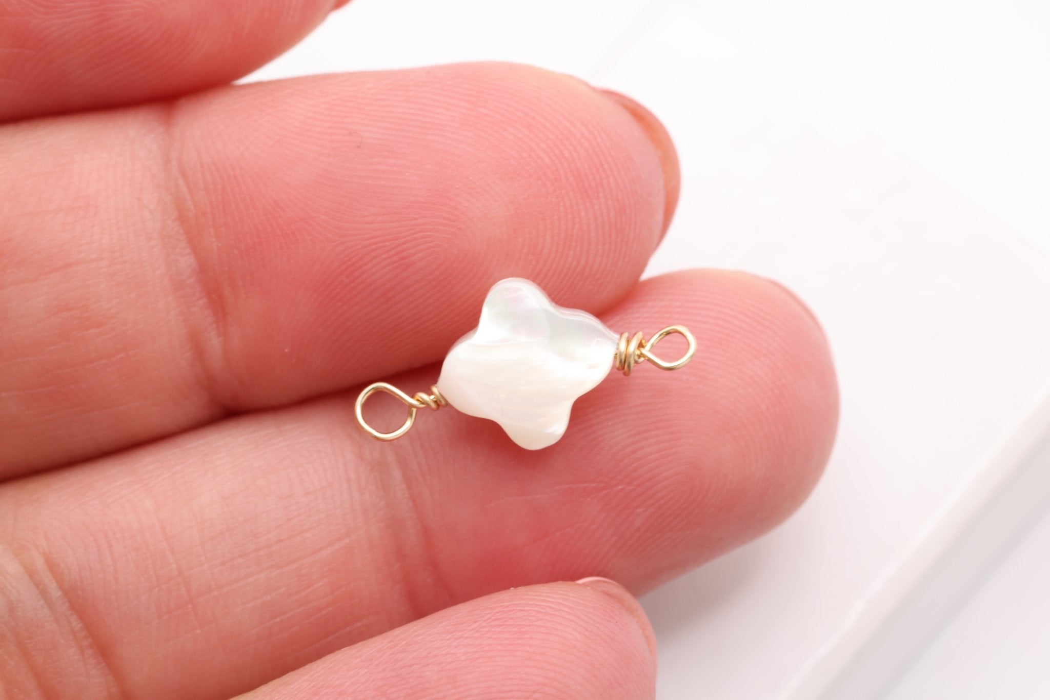Clover Mother of Pearl Connector Charm, Gold - Filled, 16mm x 8mm, Wire Wrapped Pearl, Bulk DIY Wholesale Jewelry Making Charm - HarperCrown
