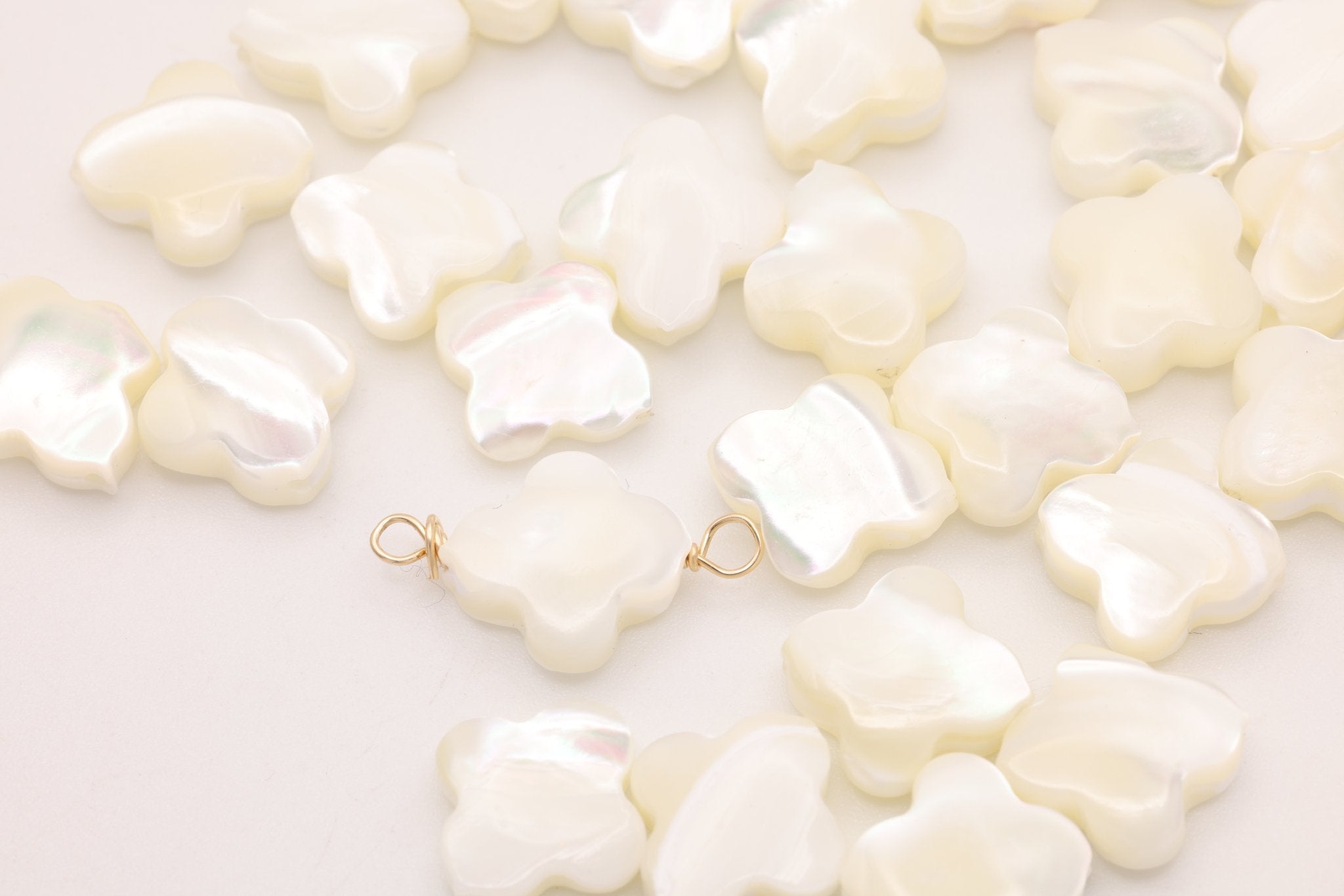 Clover Mother of Pearl Connector Charm, Gold - Filled, 17mm x 10mm, Wire Wrapped Pearl, Bulk DIY Wholesale Jewelry Making Charm - HarperCrown