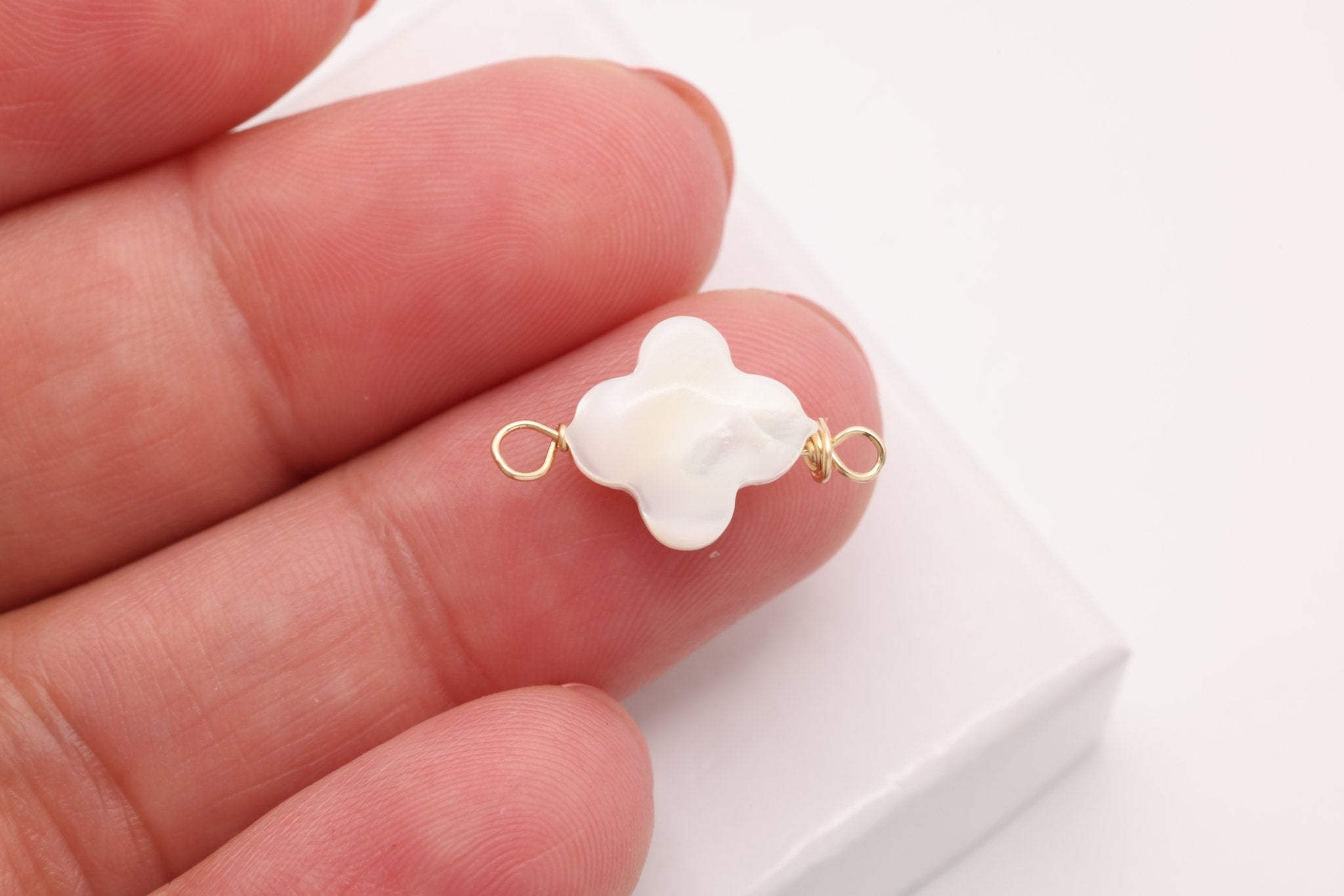 Clover Mother of Pearl Connector Charm, Gold - Filled, 17mm x 10mm, Wire Wrapped Pearl, Bulk DIY Wholesale Jewelry Making Charm - HarperCrown