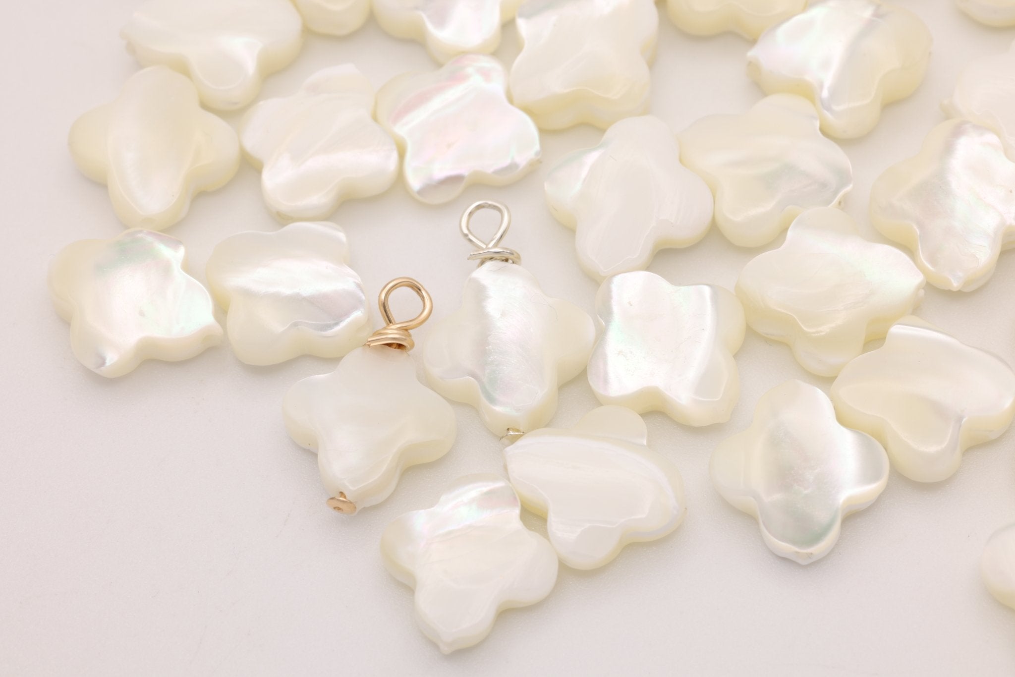 Clover Mother of Pearl Drop Charm, Gold - Filled, 15mm x 10mm, Wire Wrapped Pearl, Bulk DIY Wholesale Jewelry Making Charm - HarperCrown