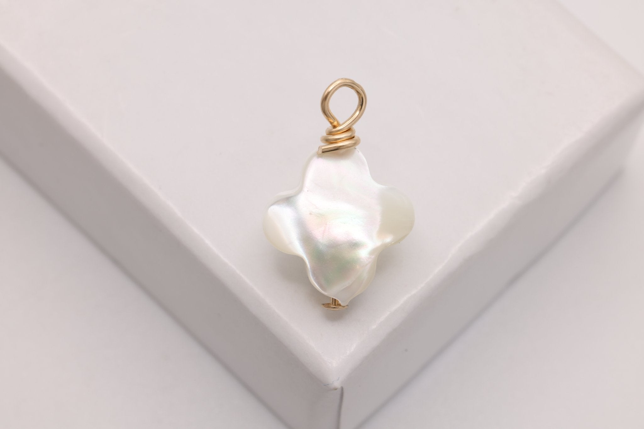 Clover Mother of Pearl Drop Charm, Gold - Filled, 15mm x 10mm, Wire Wrapped Pearl, Bulk DIY Wholesale Jewelry Making Charm - HarperCrown