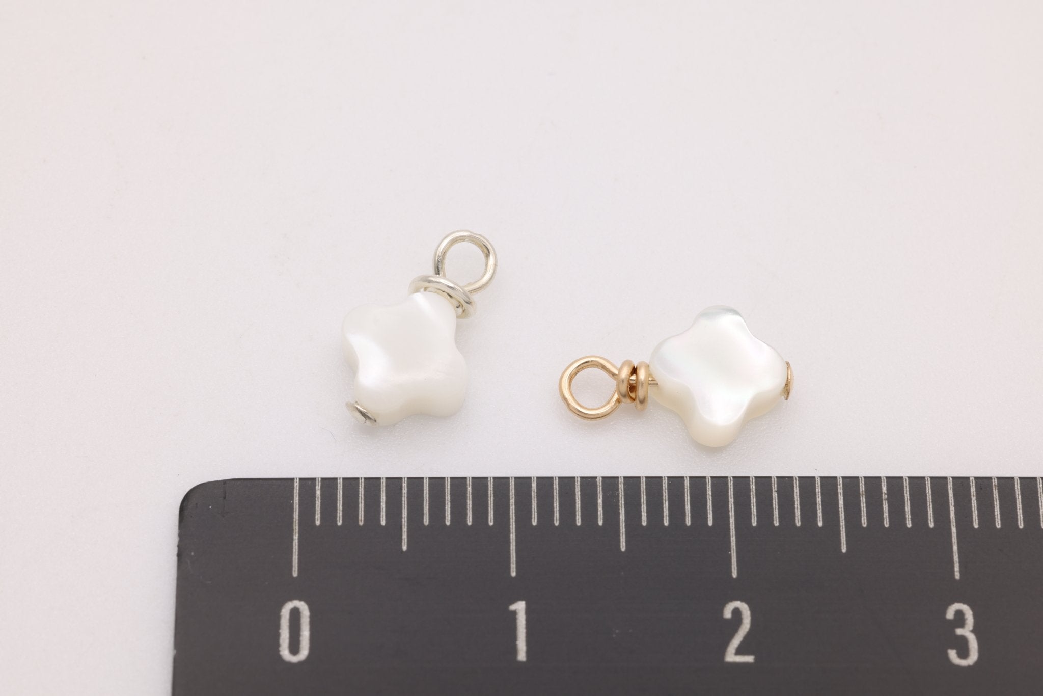 Clover Mother of Pearl Drop Charm, Sterling Silver, 10mm x 6mm, Wire Wrapped Pearl, Bulk DIY Wholesale Jewelry Making Charm - HarperCrown