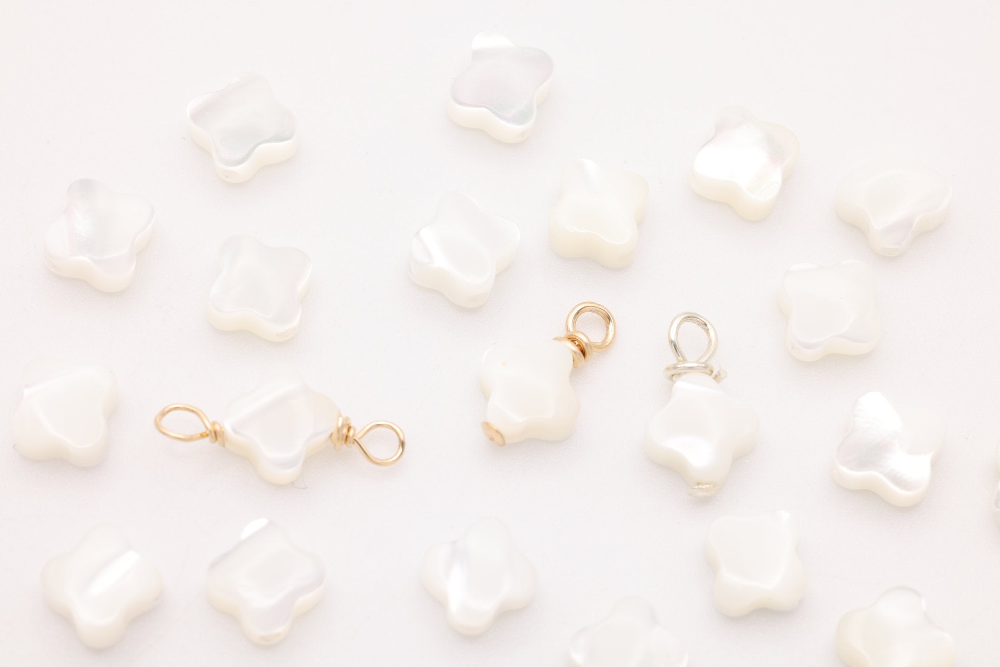 Clover Mother of Pearl Drop Charm, Sterling Silver, 10mm x 6mm, Wire Wrapped Pearl, Bulk DIY Wholesale Jewelry Making Charm - HarperCrown