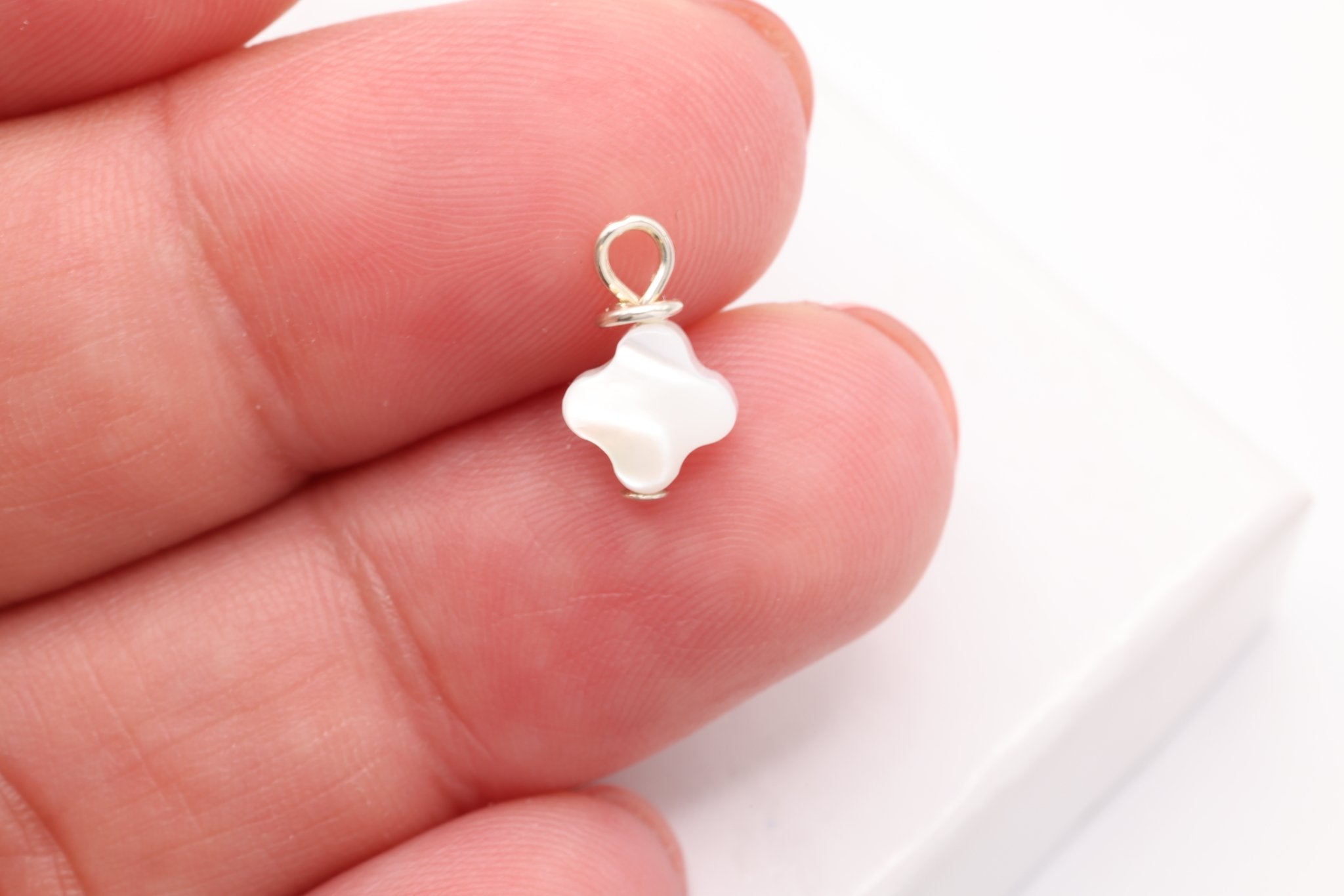 Clover Mother of Pearl Drop Charm, Sterling Silver, 10mm x 6mm, Wire Wrapped Pearl, Bulk DIY Wholesale Jewelry Making Charm - HarperCrown