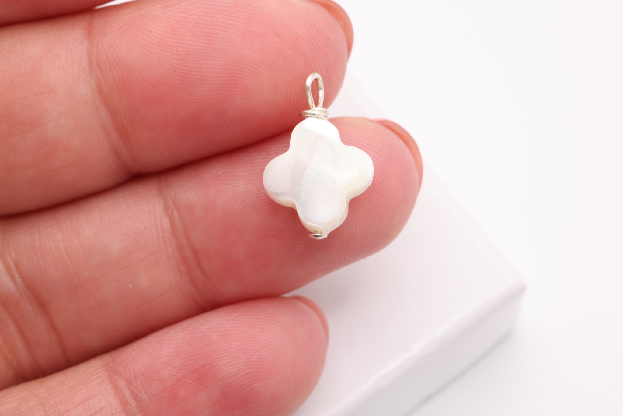 Clover Mother of Pearl Drop Charm, Sterling Silver, 15mm x 10mm, Wire Wrapped Pearl, Bulk DIY Wholesale Jewelry Making Charm - HarperCrown