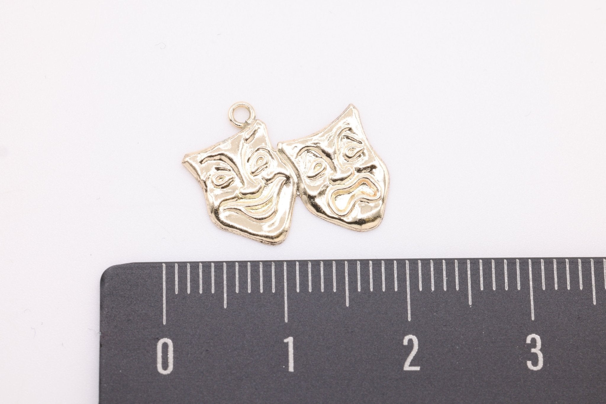 Comedy & Tragedy Theatre Mask Charm, Wholesale, 14/20 Gold - Filled, 15mm x 13mm, Theatrical Masks Joy and Sorrow - HarperCrown