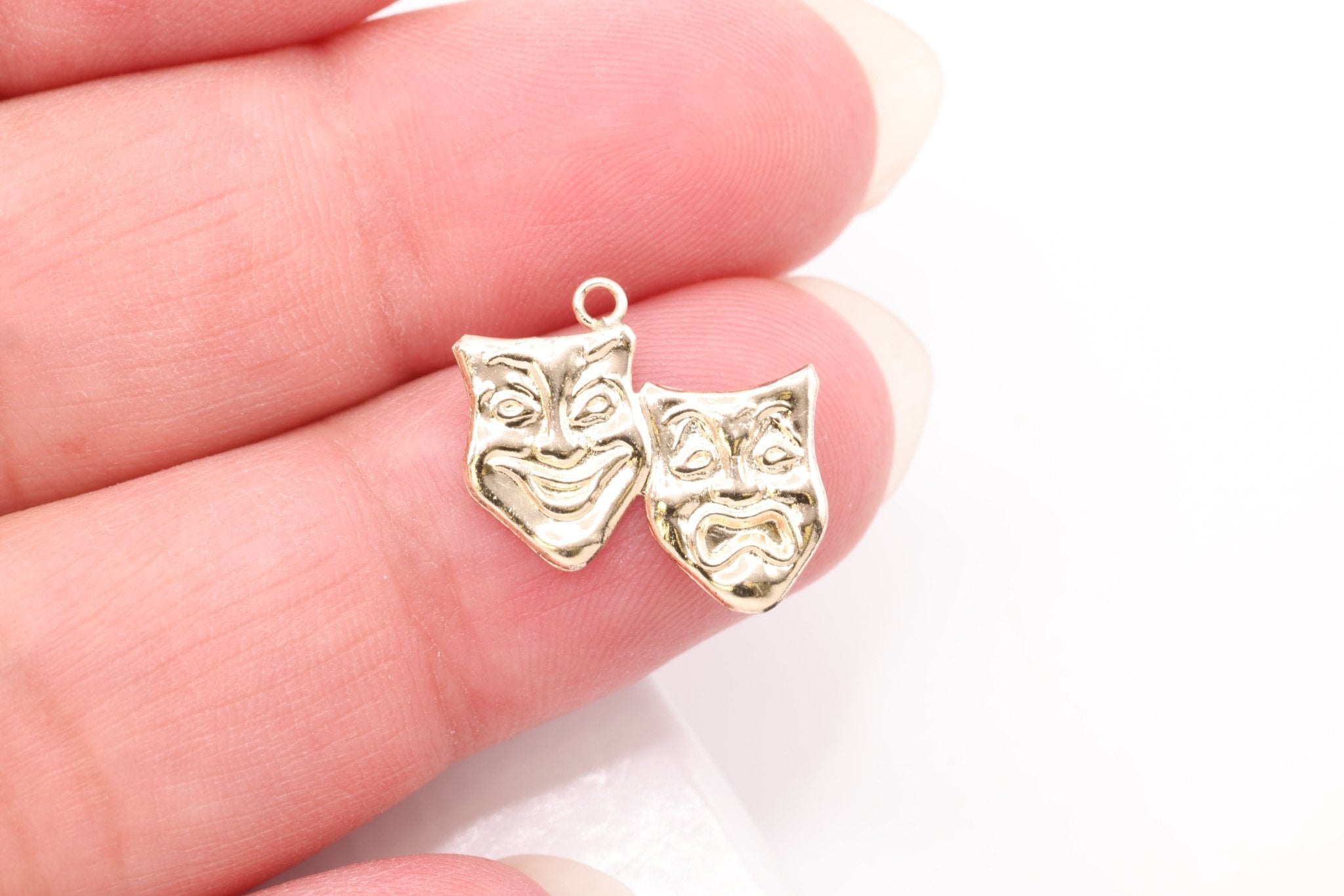 Comedy & Tragedy Theatre Mask Charm, Wholesale, 14/20 Gold - Filled, 15mm x 13mm, Theatrical Masks Joy and Sorrow - HarperCrown