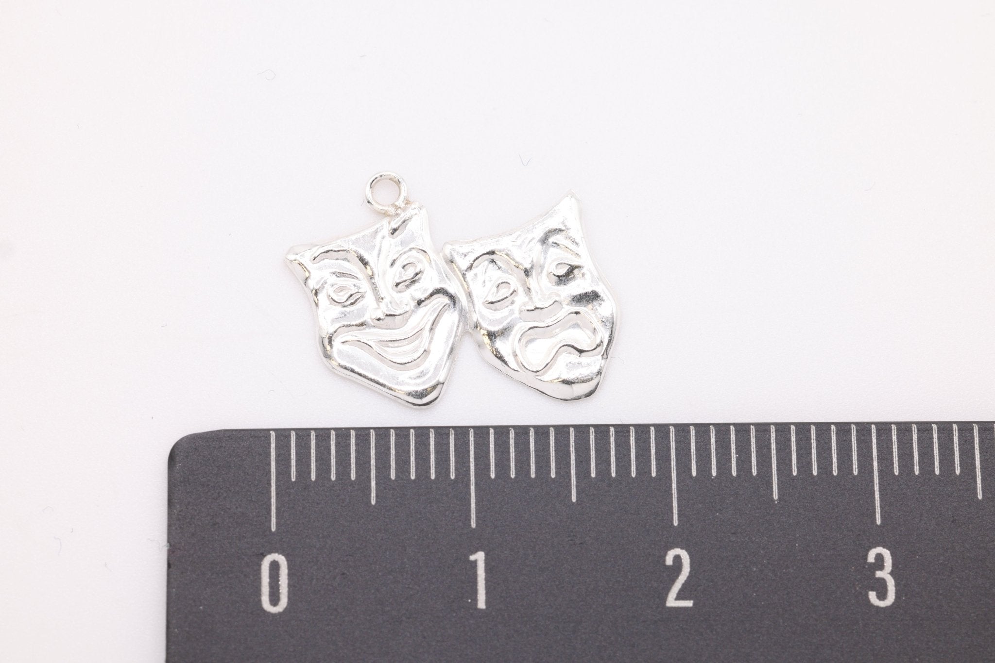 Comedy & Tragedy Theatre Mask Charm, Wholesale, 925 Sterling Silver, 15mm x 13mm, Theatrical Masks Joy and Sorrow - HarperCrown
