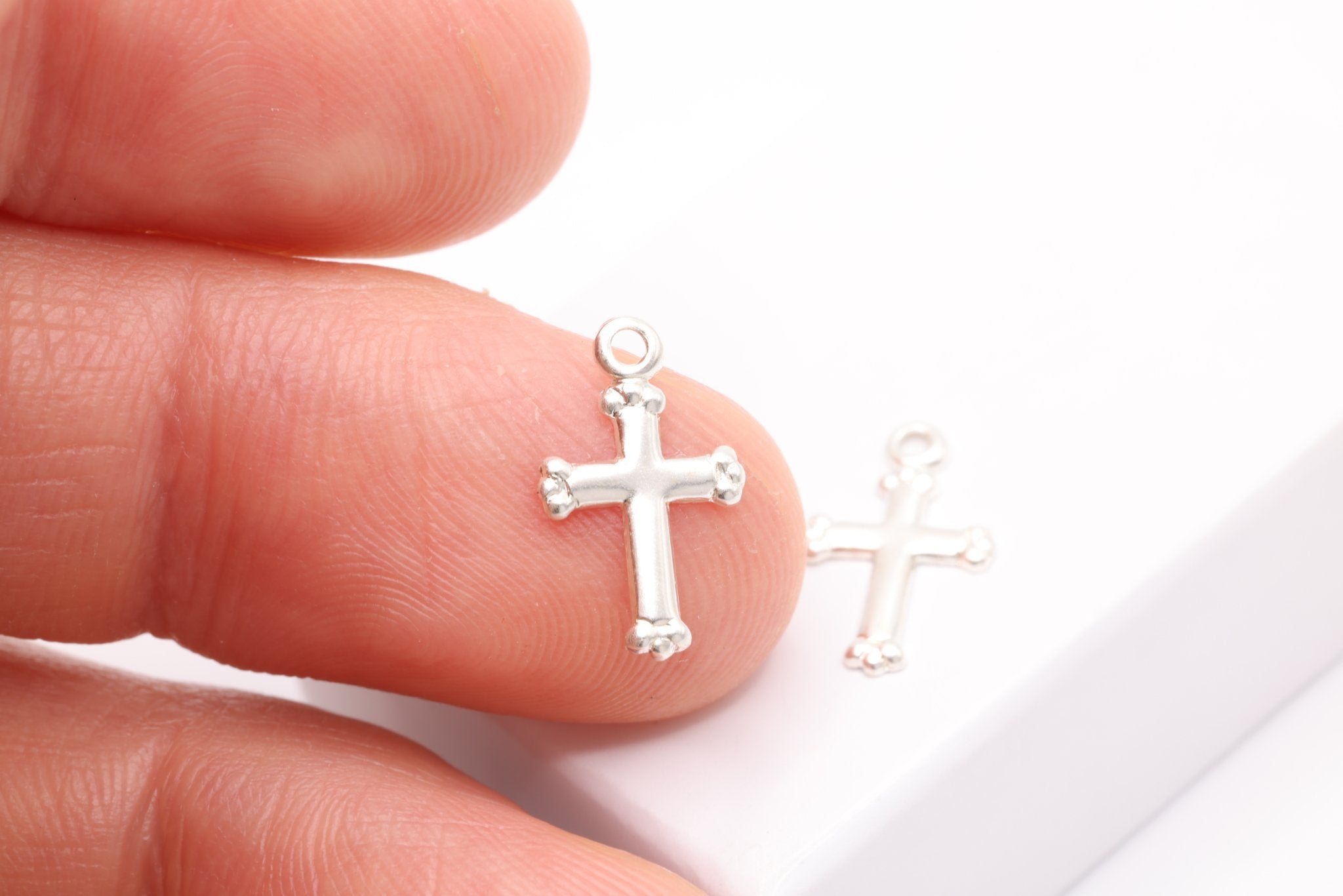 Cross Charm, 925 Sterling Silver, 15mm x 8mm, Religious Church Embellished Cross, Bulk Wholesale Jewelry Making Charm - HarperCrown