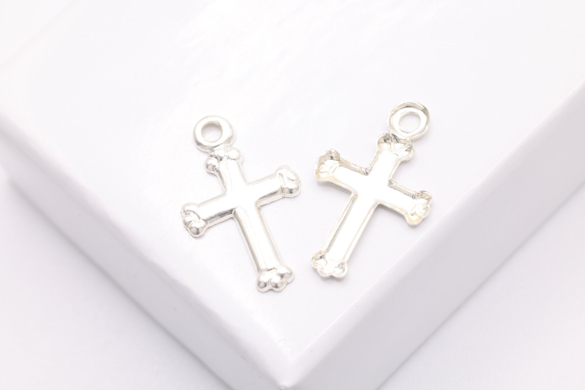 Cross Charm, 925 Sterling Silver, 15mm x 8mm, Religious Church Embellished Cross, Bulk Wholesale Jewelry Making Charm - HarperCrown