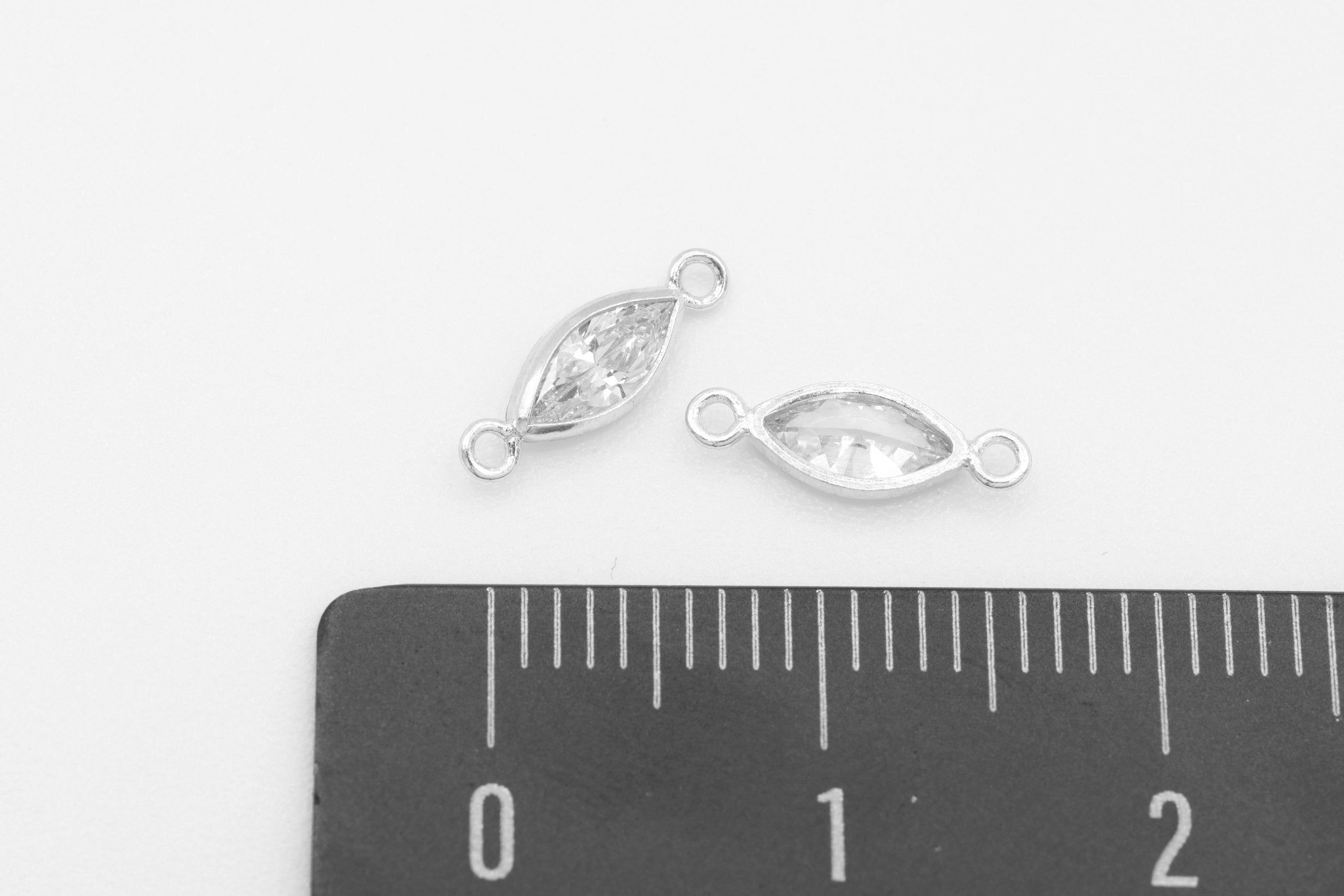 CZ Marquis Bezel Connector Charm, 925 Sterling Silver, 3mm x 6mm, White Cubic Zirconia Jewelry Making Charm - HarperCrown