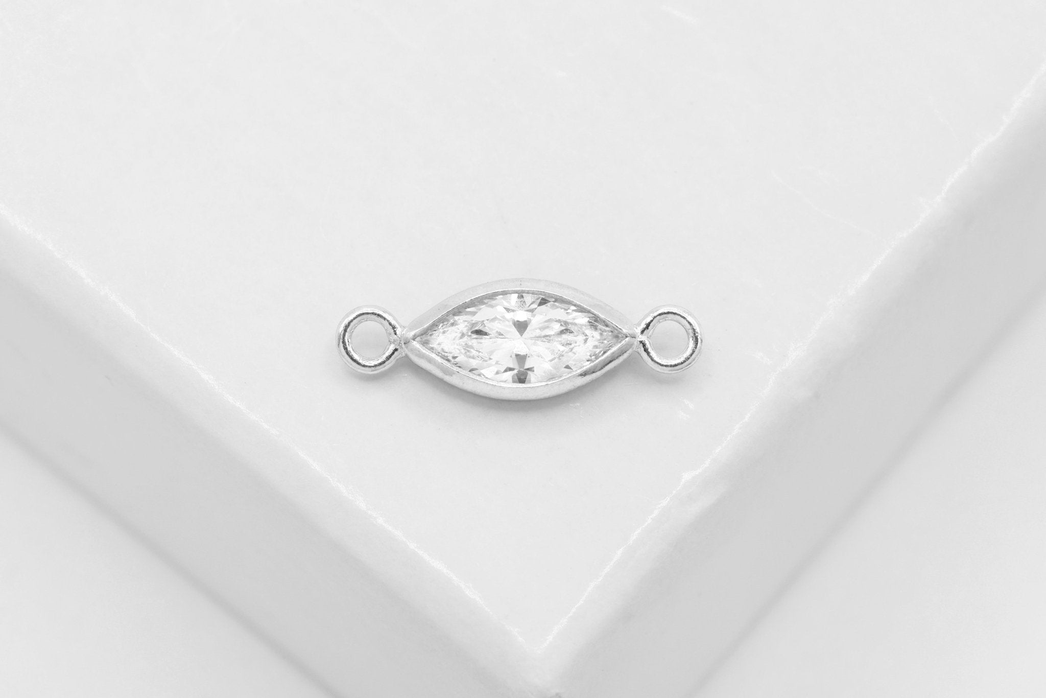CZ Marquis Bezel Connector Charm, 925 Sterling Silver, 3mm x 6mm, White Cubic Zirconia Jewelry Making Charm - HarperCrown