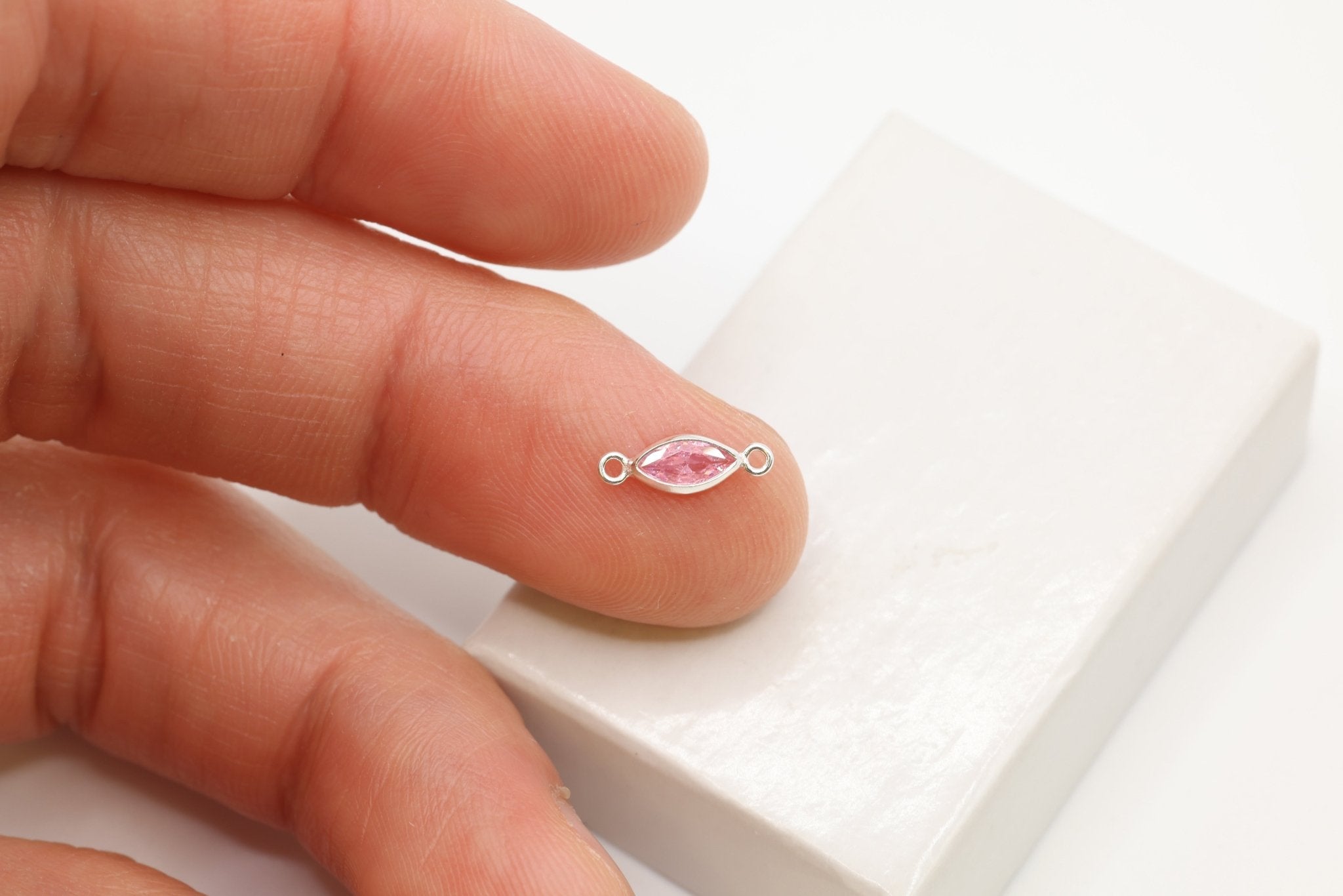 CZ Pink Marquis Bezel Connector Charm, 925 Sterling Silver, 3mm x 6mm, White Cubic Zirconia Jewelry Making Charm - HarperCrown