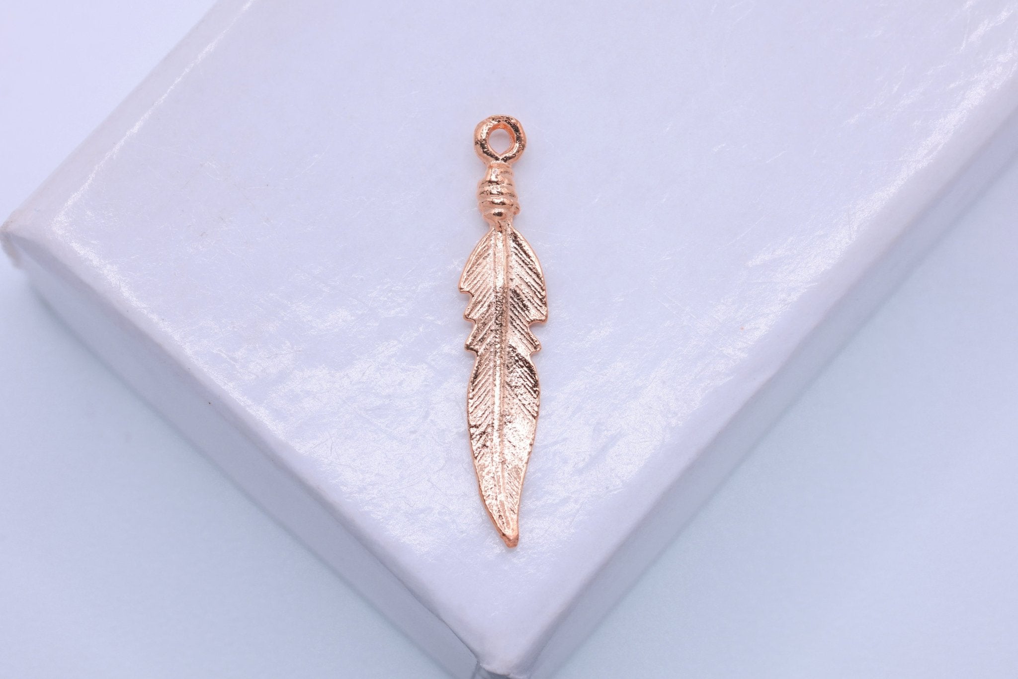 Feather Charm, 18K Rose Gold - Plated 925 Sterling Silver, 20mm x 4mm, Wholesale, Jewelry Making Charm - HarperCrown