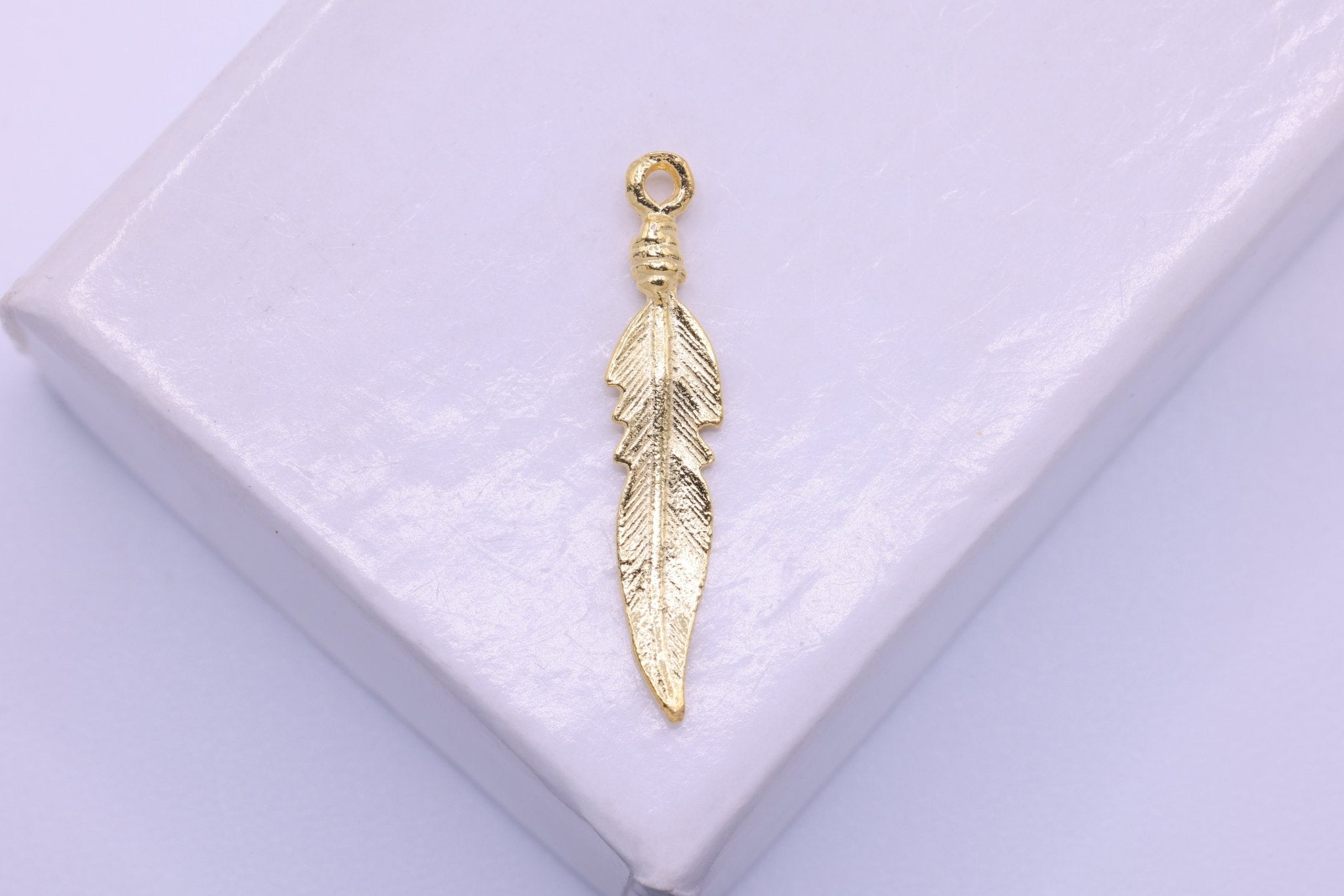 Feather Charm, 18K Yellow Gold - Plated 925 Sterling Silver, 20mm x 4mm, Wholesale, Jewelry Making Charm - HarperCrown