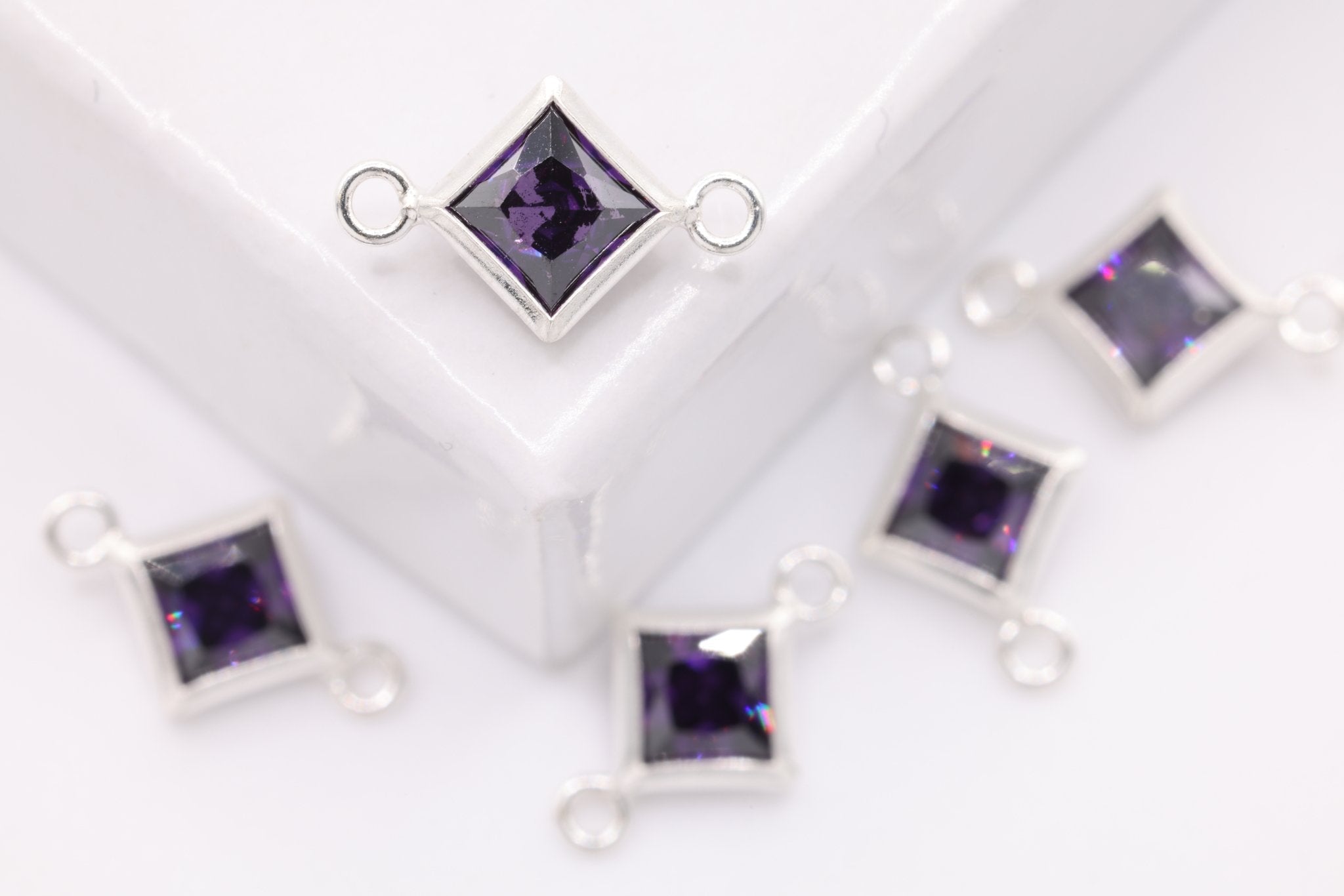 February Birthstone Amethyst CZ Connector Bezel Frame, Sterling Silver, 4mm - HarperCrown