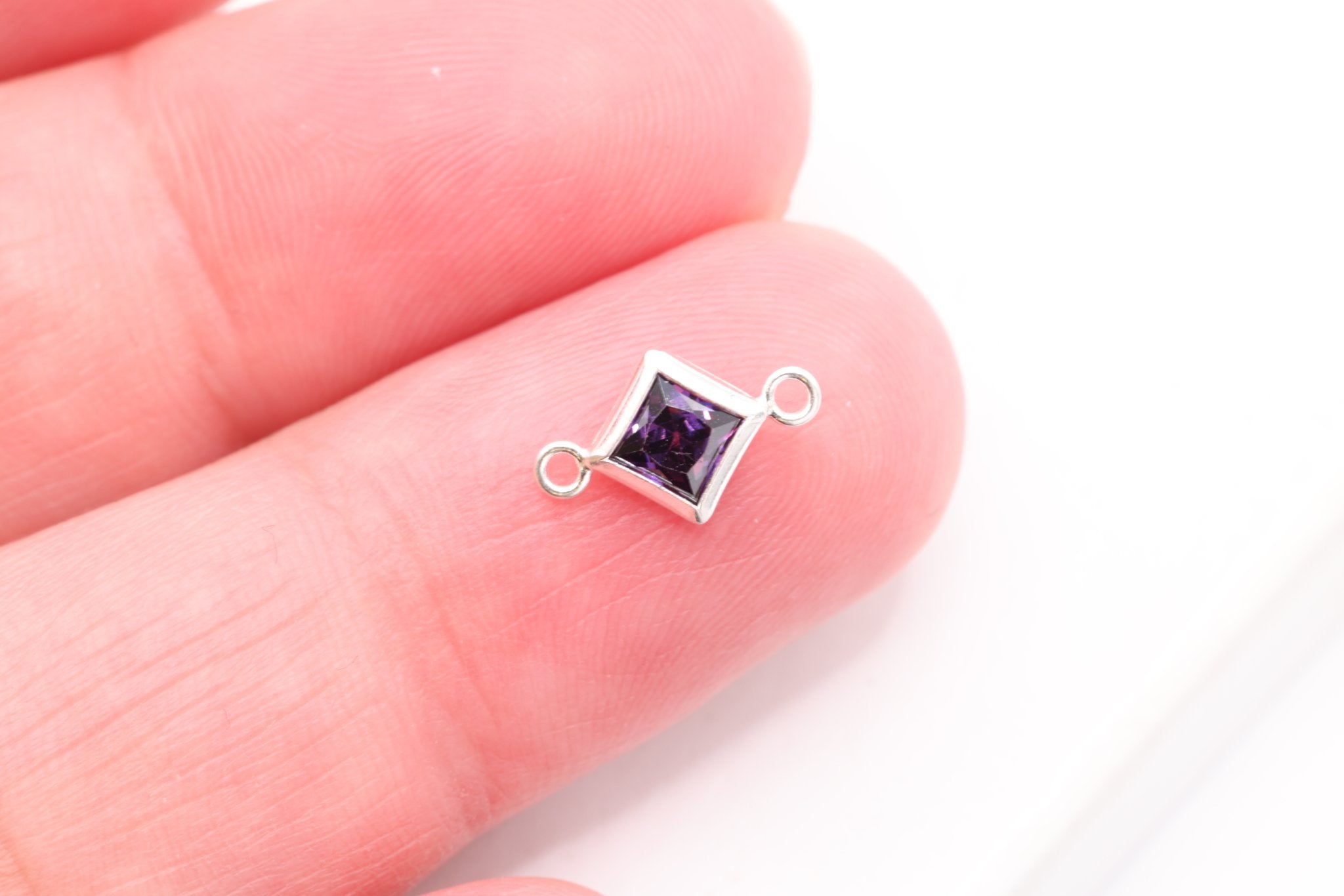 February Birthstone Amethyst CZ Connector Bezel Frame, Sterling Silver, 4mm - HarperCrown