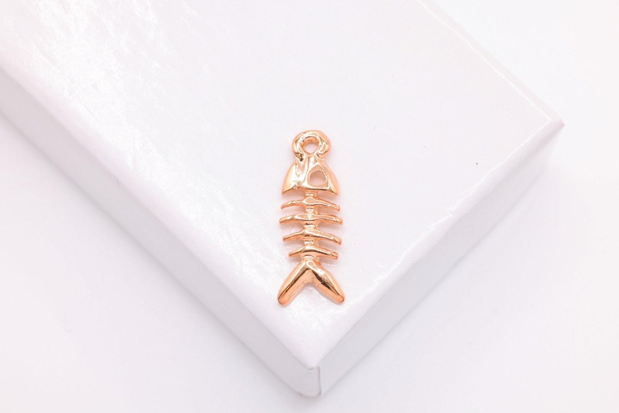 Fish Skeleton Charm, Wholesale, 18K Rose Gold - Plated 925 Sterling Silver, 17mm x 6mm - HarperCrown