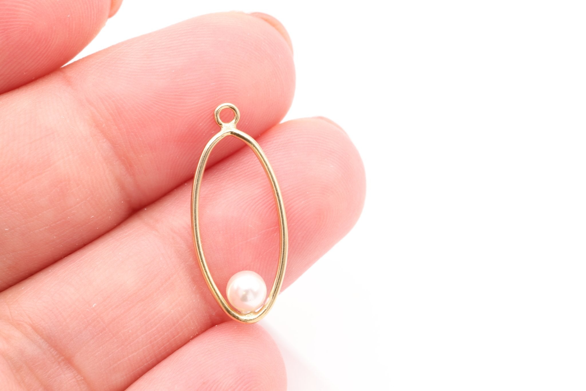 Floating Pearl Oval Drop Pendant, Gold - Filled, 22mm x 9mm, Round Pearl, Bulk DIY Wholesale Jewelry Making Charm - HarperCrown