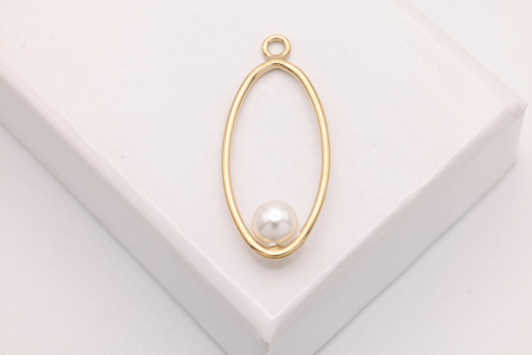 Floating Pearl Oval Drop Pendant, Gold - Filled, 22mm x 9mm, Round Pearl, Bulk DIY Wholesale Jewelry Making Charm - HarperCrown