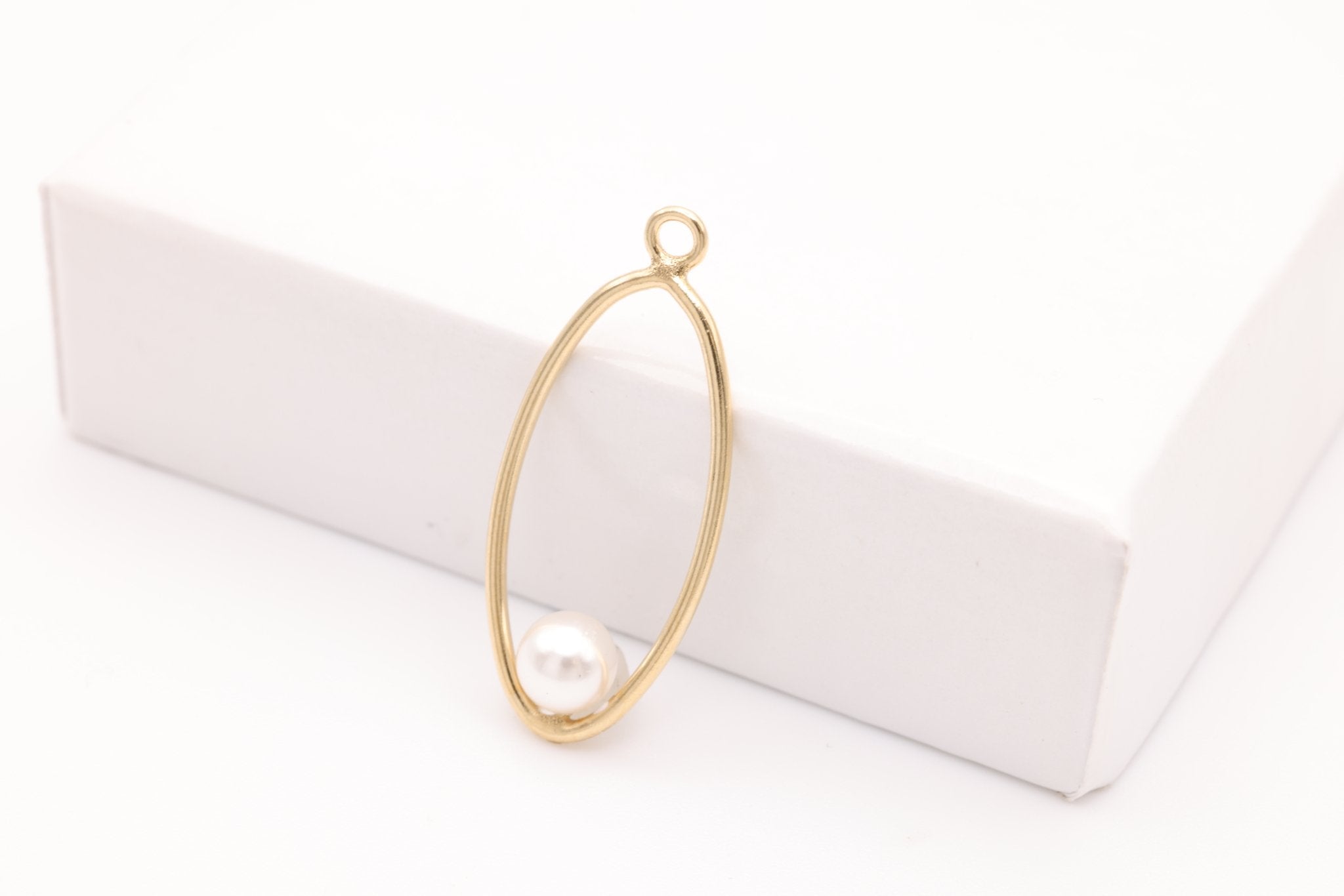 Floating Pearl Oval Drop Pendant, Gold - Filled, 22mm x 9mm, Round Pearl, Bulk DIY Wholesale Jewelry Making Charm - HarperCrown