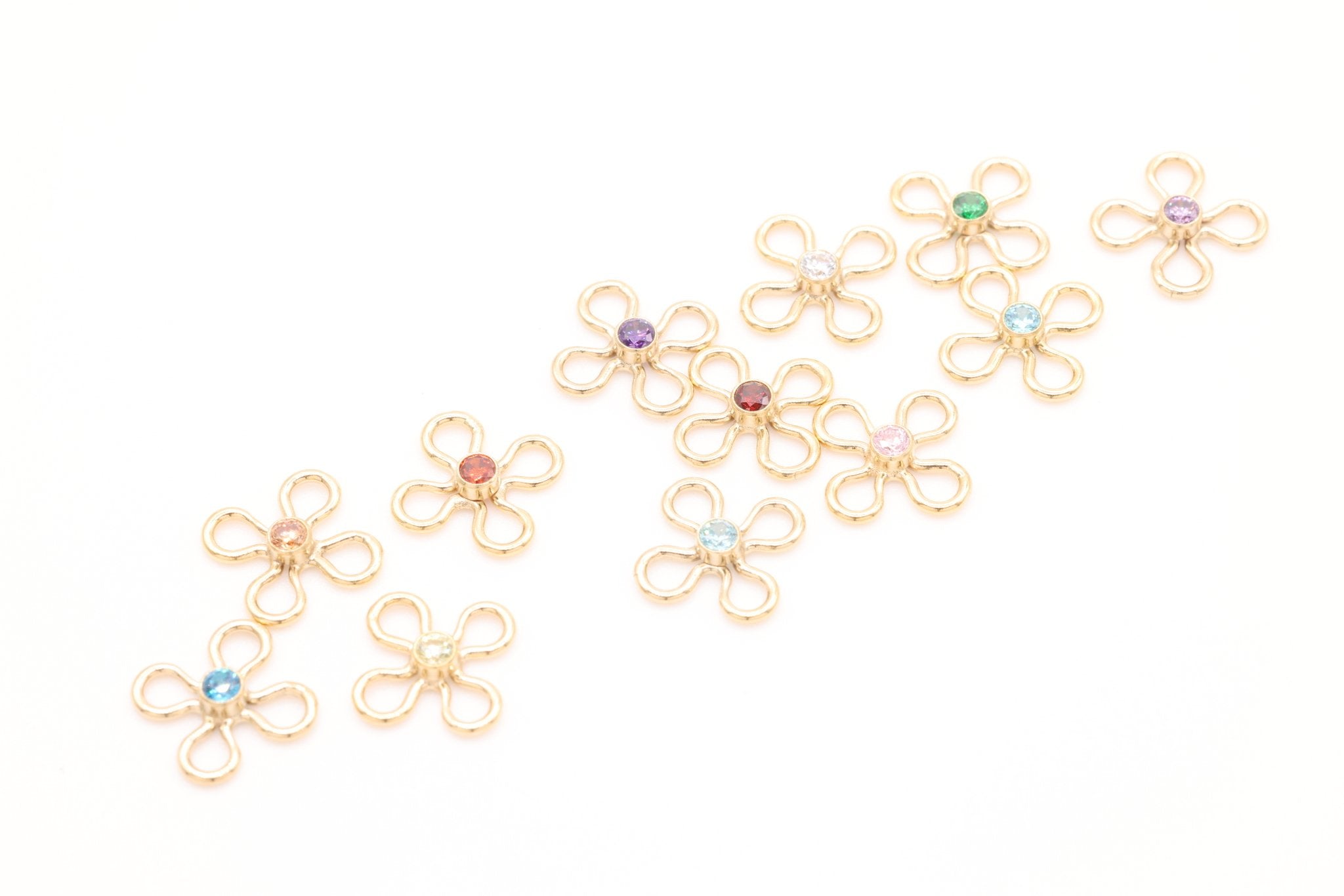 Flower Link, Ruby Red CZ Gold-Filled Wholesale Drop Charm, July Birthstone, Connector Charm - HarperCrown