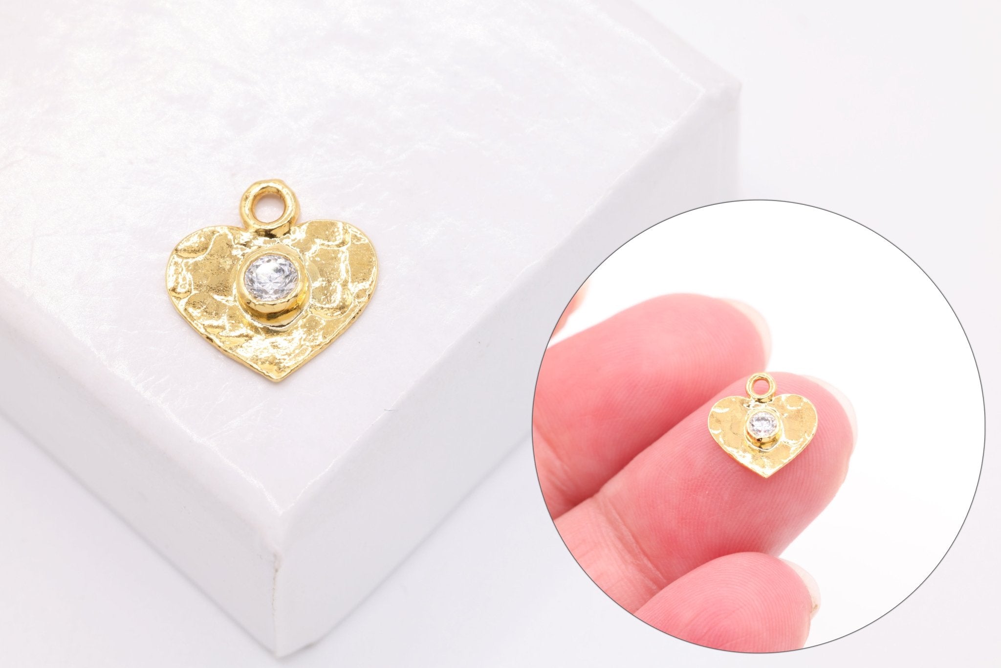 Gold Hammered Heart Charm with CZ, 14K Solid Gold, Jewelry Making Charm - HarperCrown