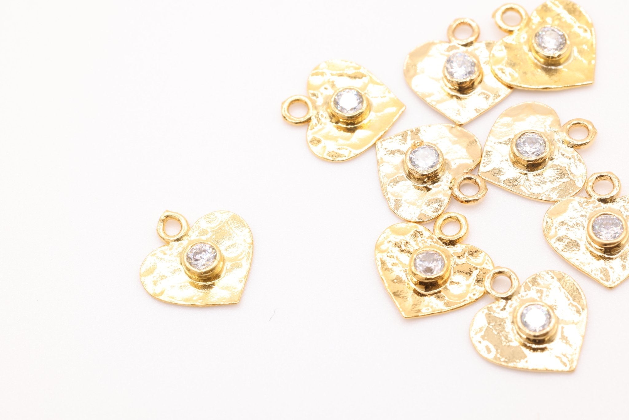 Gold Hammered Heart Charm with CZ, 14K Solid Gold, Jewelry Making Charm - HarperCrown