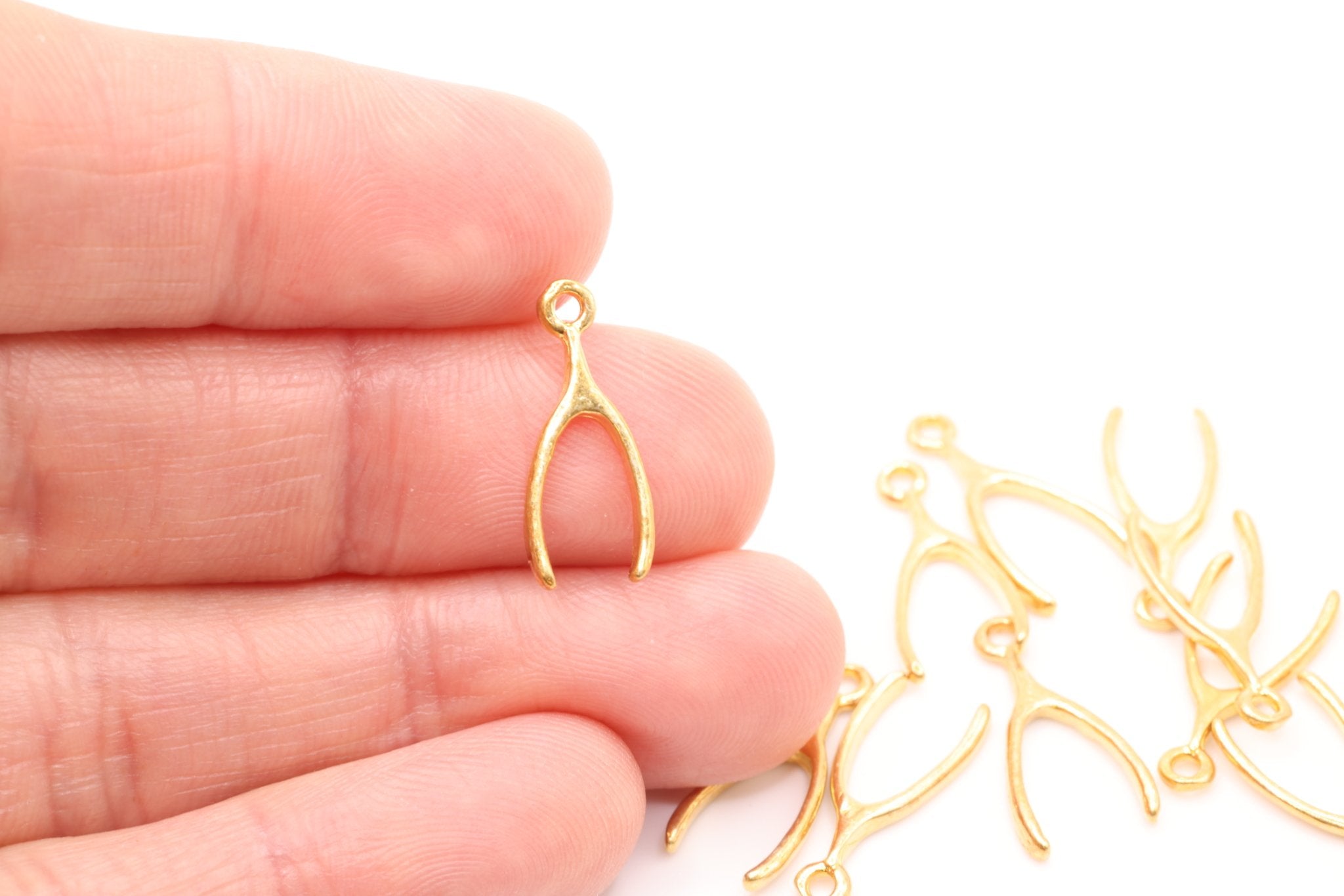 Gold Wishbone Charm, 14K Solid Gold, Luck Charm, Jewelry Making Charm - HarperCrown