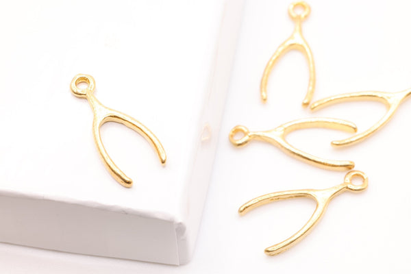 Gold Wishbone Charm, 14K Solid Gold, Luck Charm, Jewelry Making Charm - HarperCrown