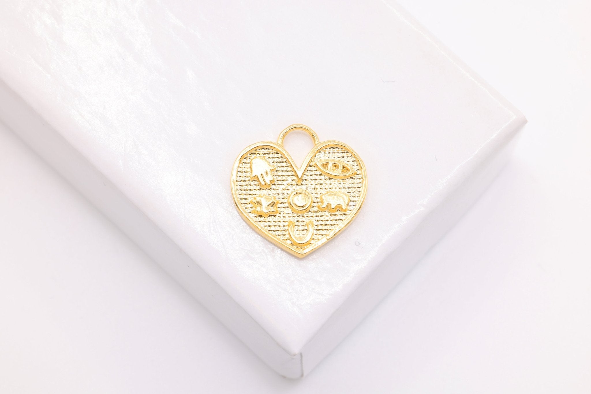 Good Luck Heart Evil Eye Hamsa Hand Symbols Charm, 14K Gold, 13mm - HarperCrown