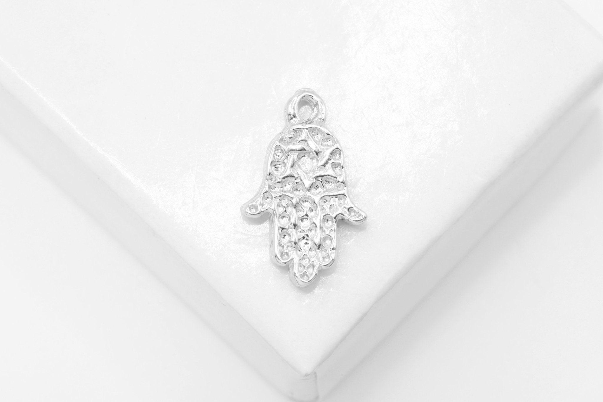 Hamsa Hand Charm, Wholesale, 925 Sterling Silver, 15mm x 9mm, Fatima Good Luck Yoga Evil Eye - HarperCrown