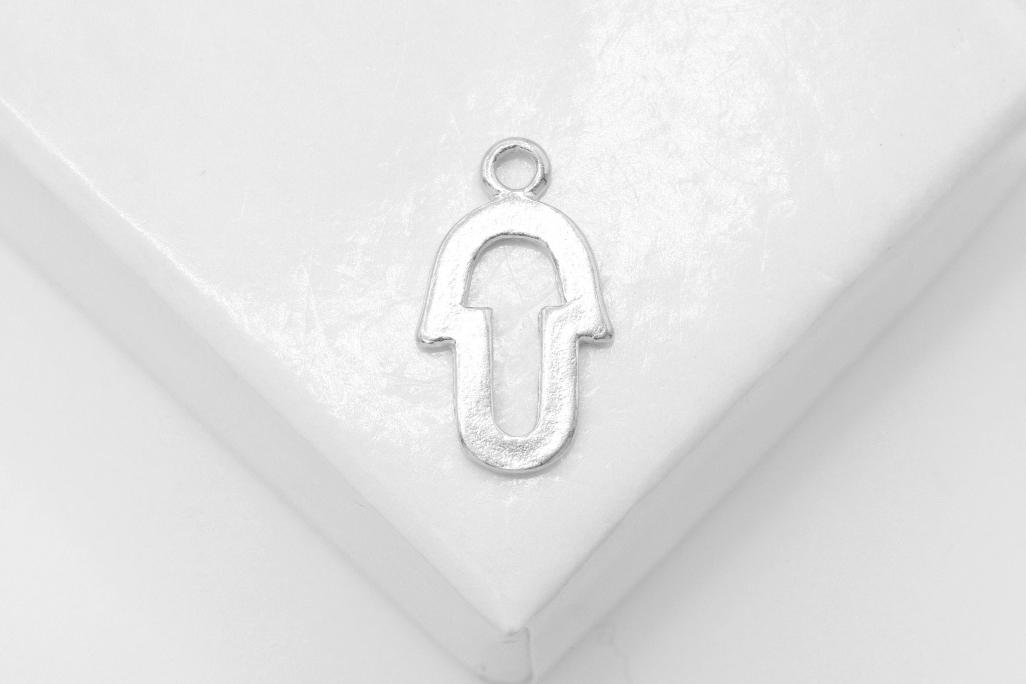 Hamsa Hand Open Cutout Charm, Wholesale, 925 Sterling Silver, 14mm x 8mm, Fatima Good Luck Yoga - HarperCrown