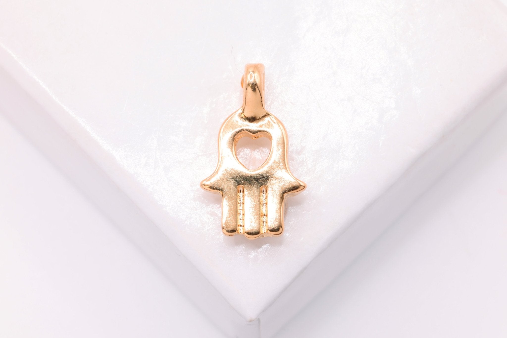 Hamsa Hand With Heart Charm, Wholesale, 18K Rose Gold - Plated 925 Sterling Silver, 14mm x 9mm, Love Yoga - HarperCrown