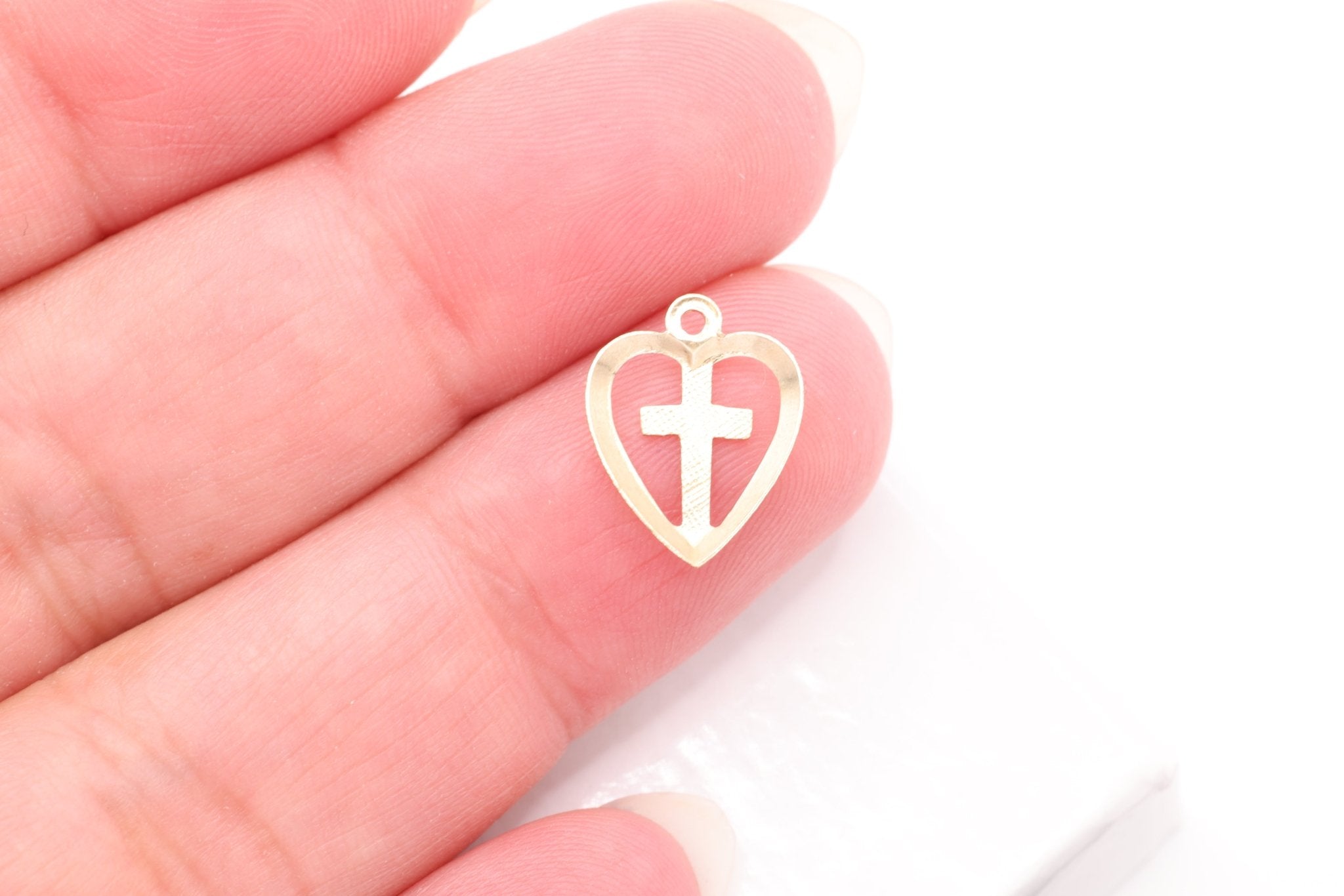 Heart Cross Charm, Wholesale, 14K Solid Gold, 12mm x 10mm, Love of God Joy Exuberance Gratitude - HarperCrown