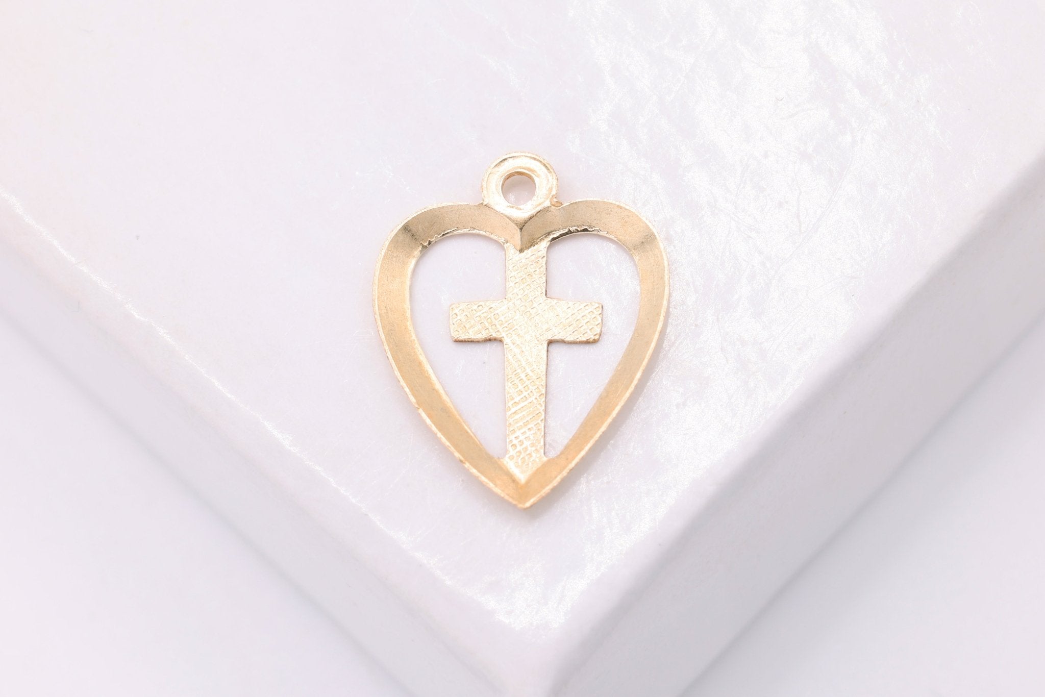 Heart Cross Charm, Wholesale, 14K Solid Gold, 12mm x 10mm, Love of God Joy Exuberance Gratitude - HarperCrown