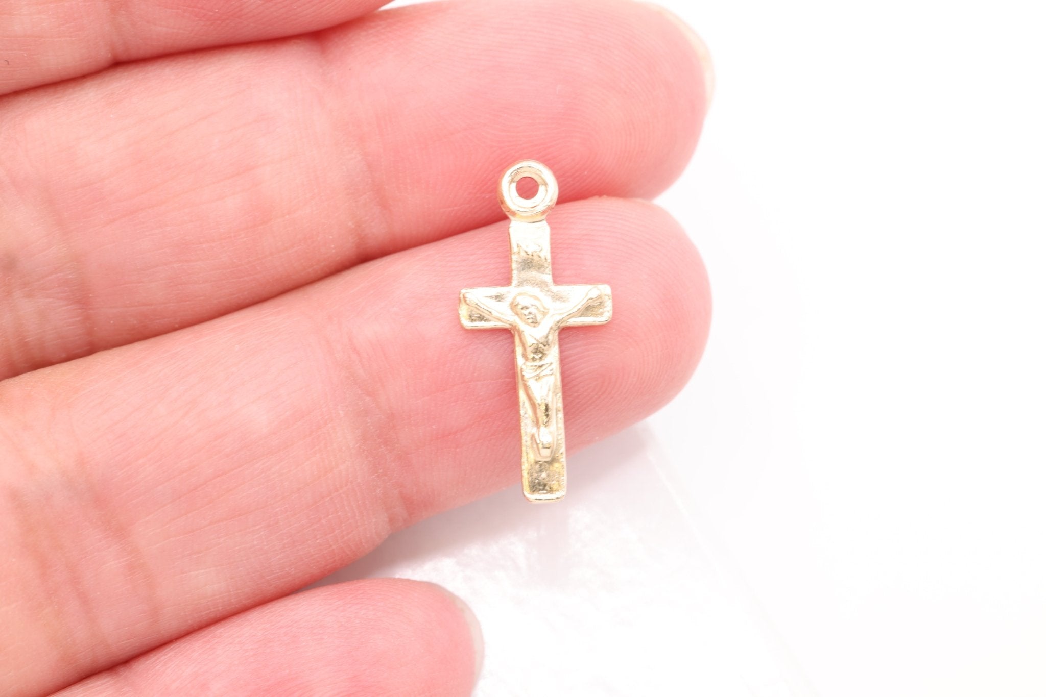 Jesus Cross Crucifix Charm, Wholesale, 14/20 Gold - Filled, 20mm x 8mm, INRI Jesus of Nazareth - HarperCrown