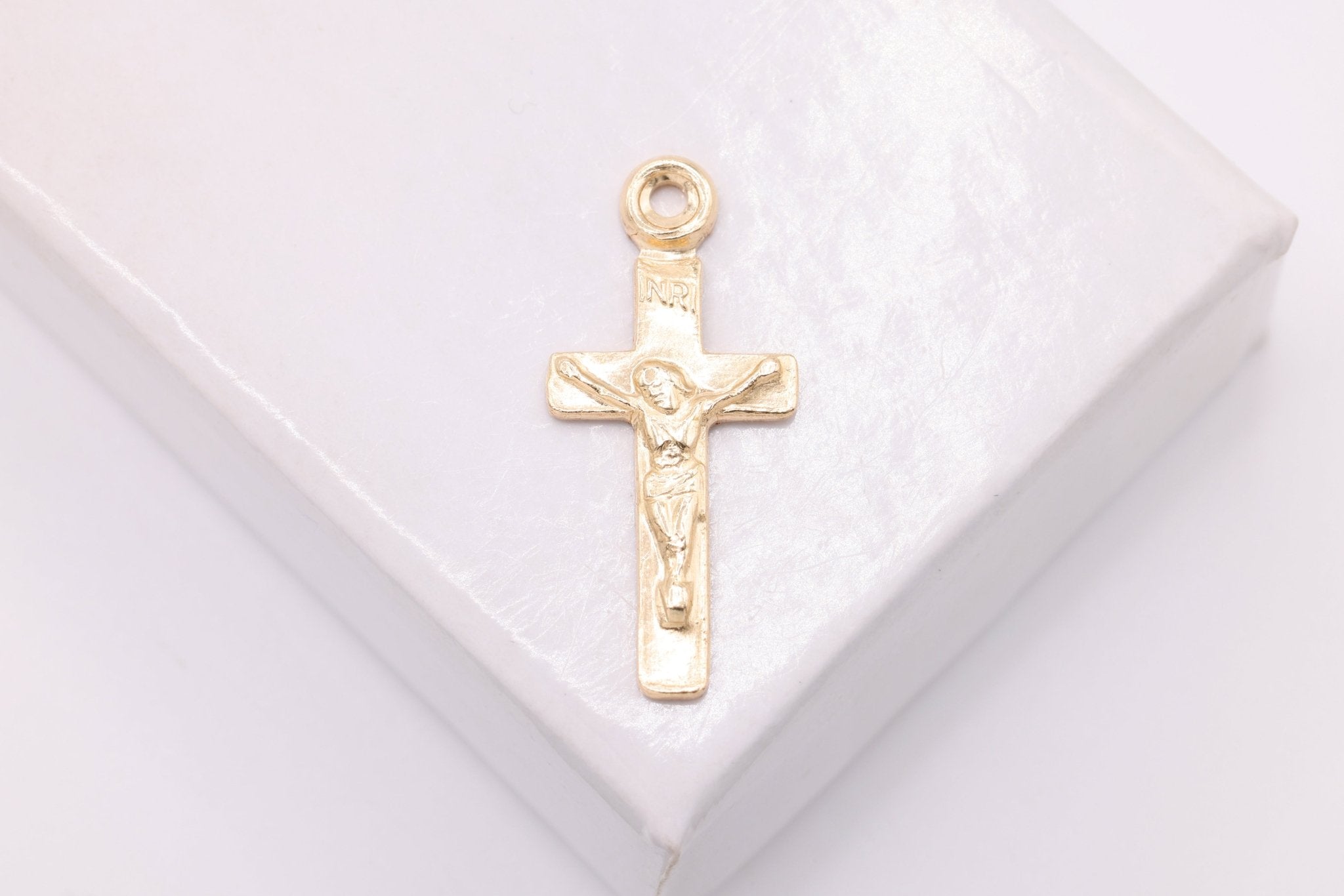 Jesus Cross Crucifix Charm, Wholesale, 14/20 Gold - Filled, 20mm x 8mm, INRI Jesus of Nazareth - HarperCrown