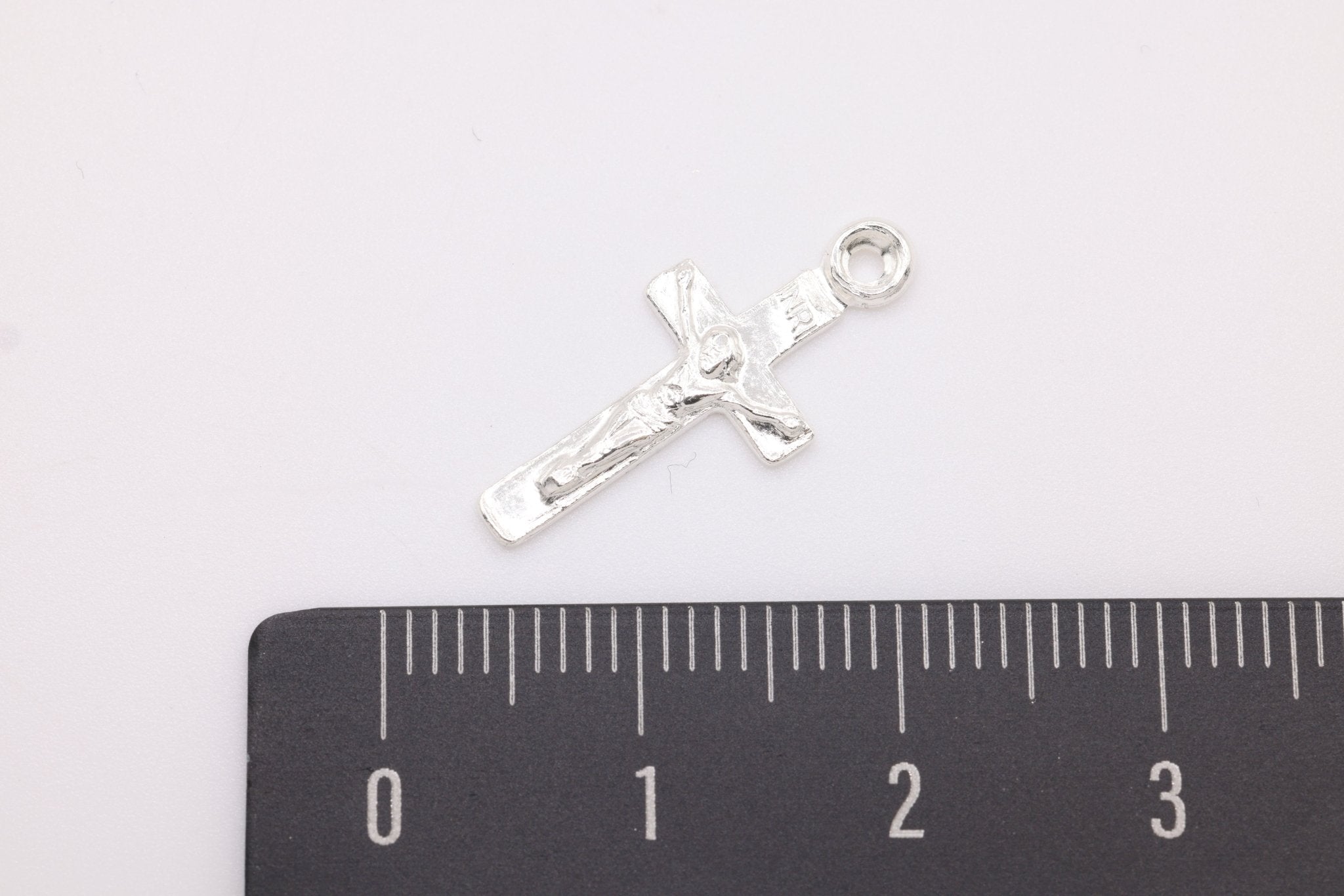 Jesus Cross Crucifix Charm, Wholesale, 925 Sterling Silver, 20mm x 8mm, INRI Jesus of Nazareth - HarperCrown