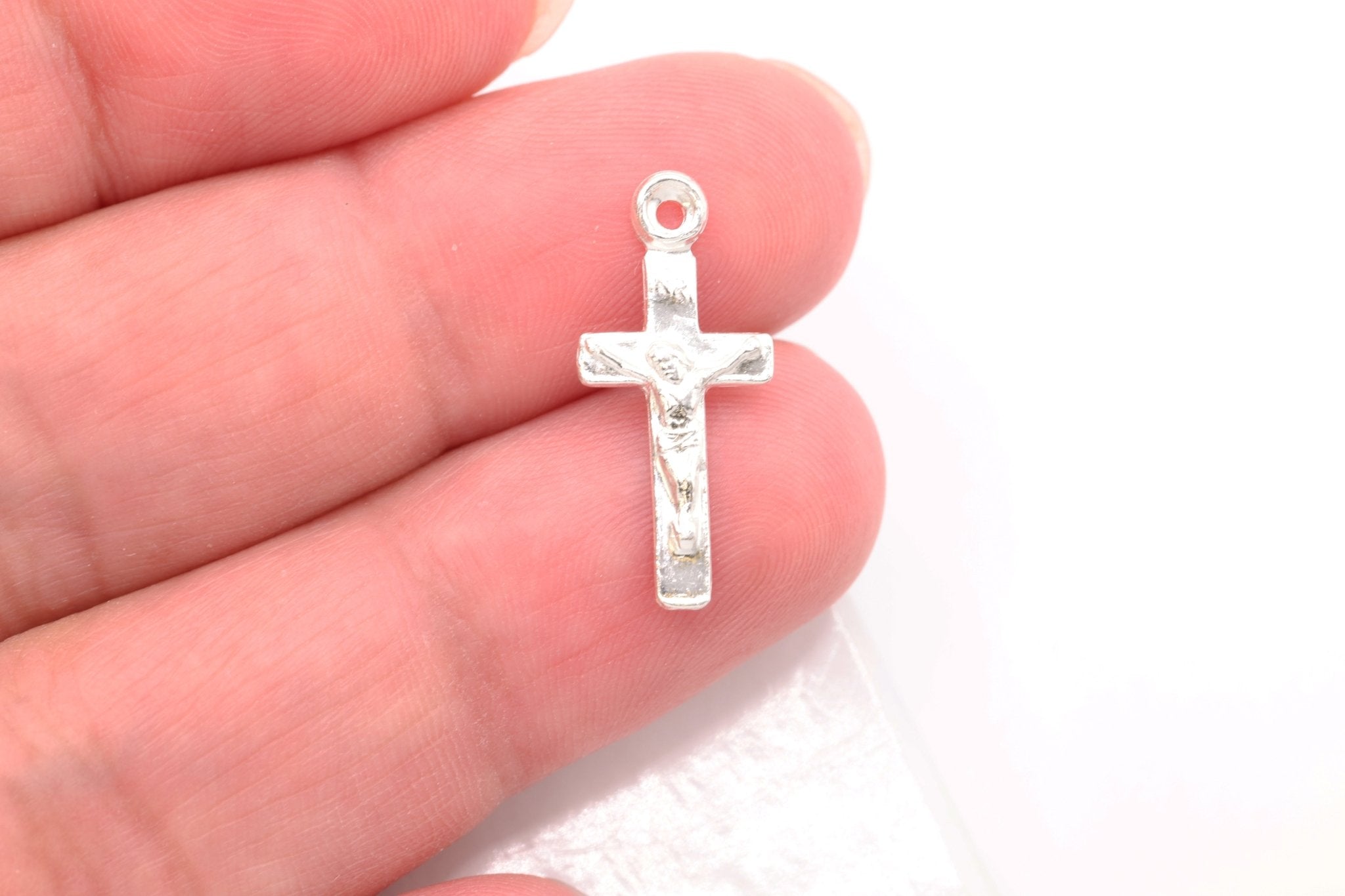Jesus Cross Crucifix Charm, Wholesale, 925 Sterling Silver, 20mm x 8mm, INRI Jesus of Nazareth - HarperCrown